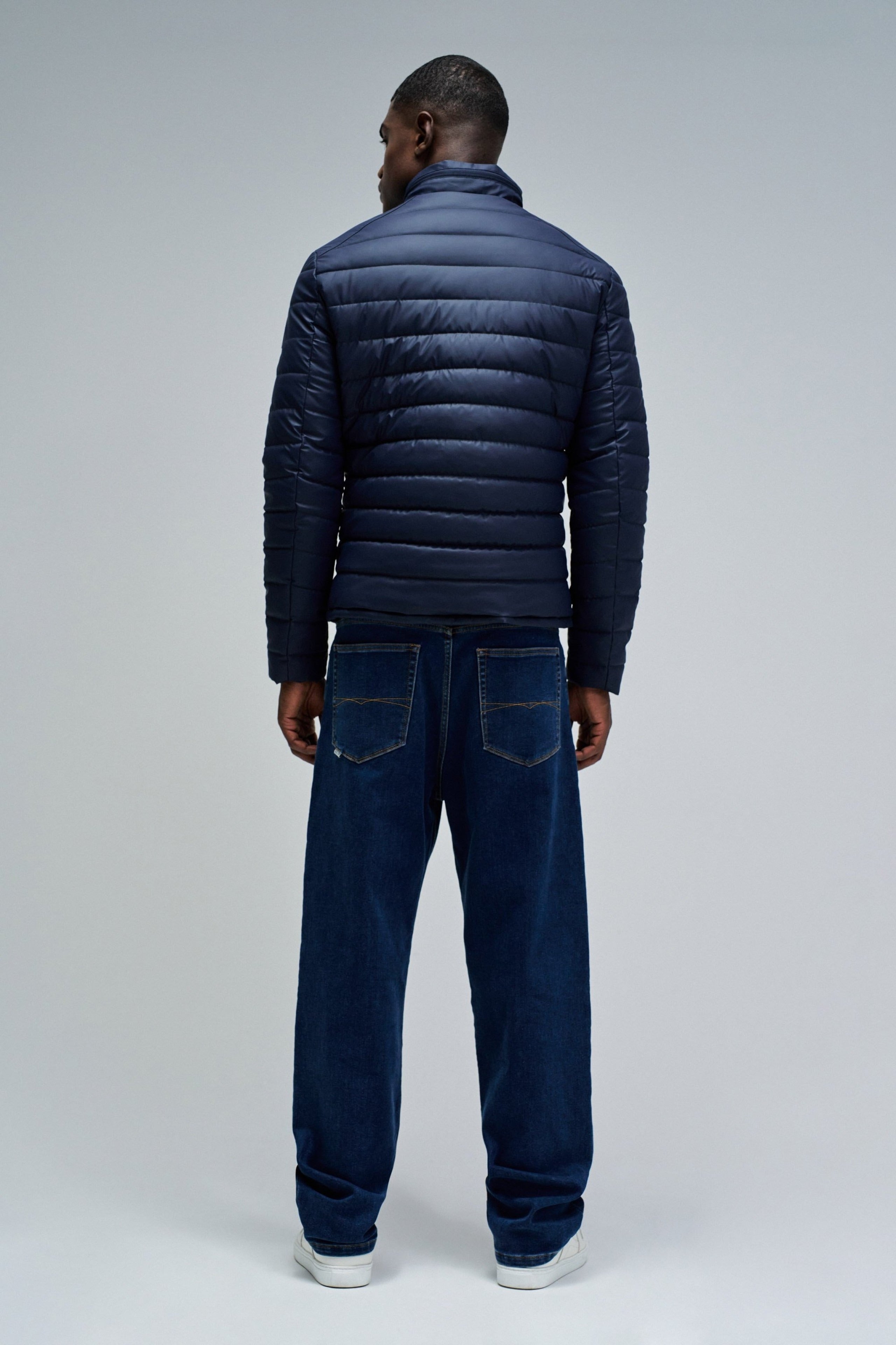 Light Padded PU Leather Jacket in Dark Blue