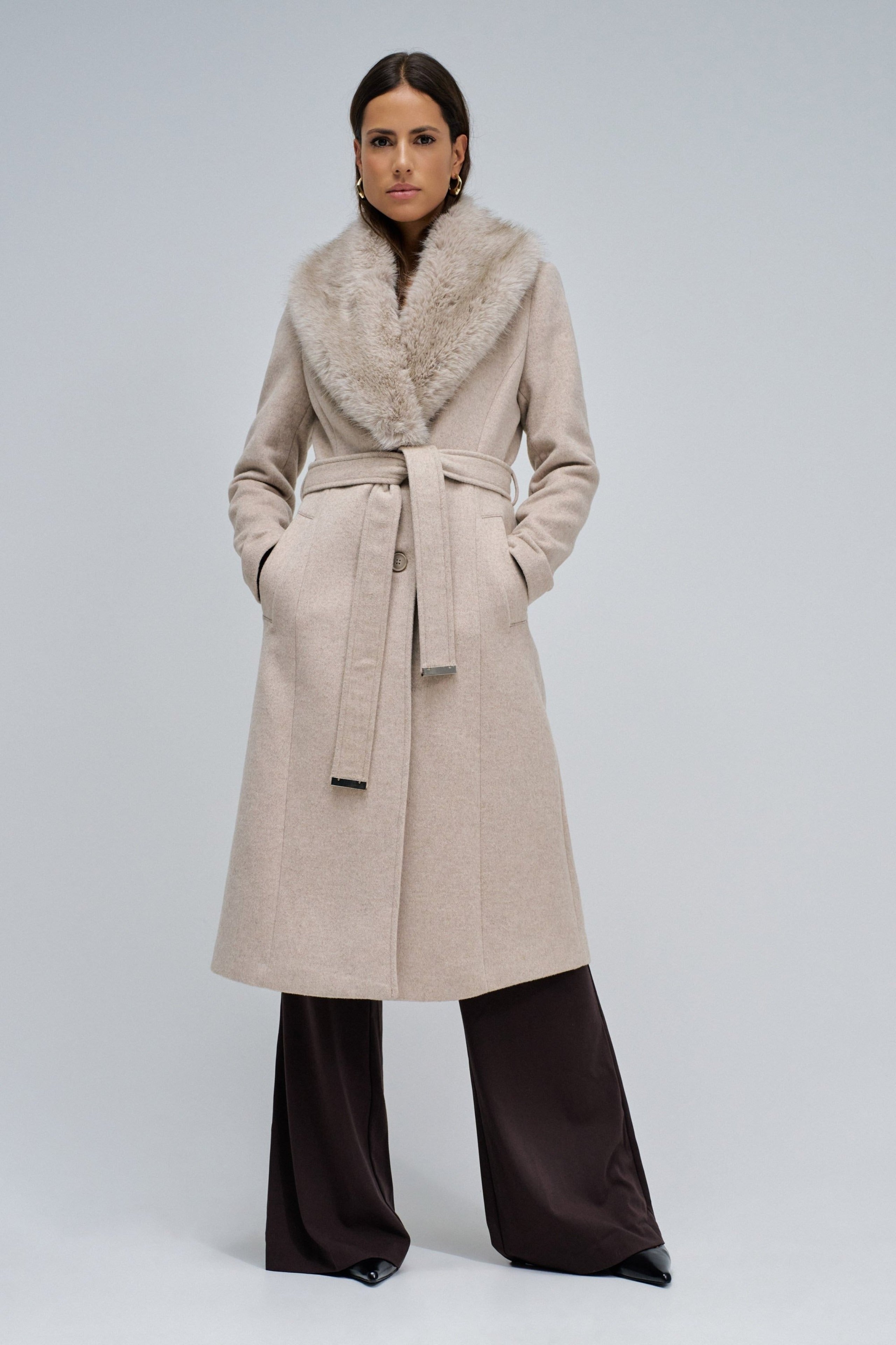Long Wool Coat Faux Fur Belt in Medium Beige V1 Jackets Salsa Jeans