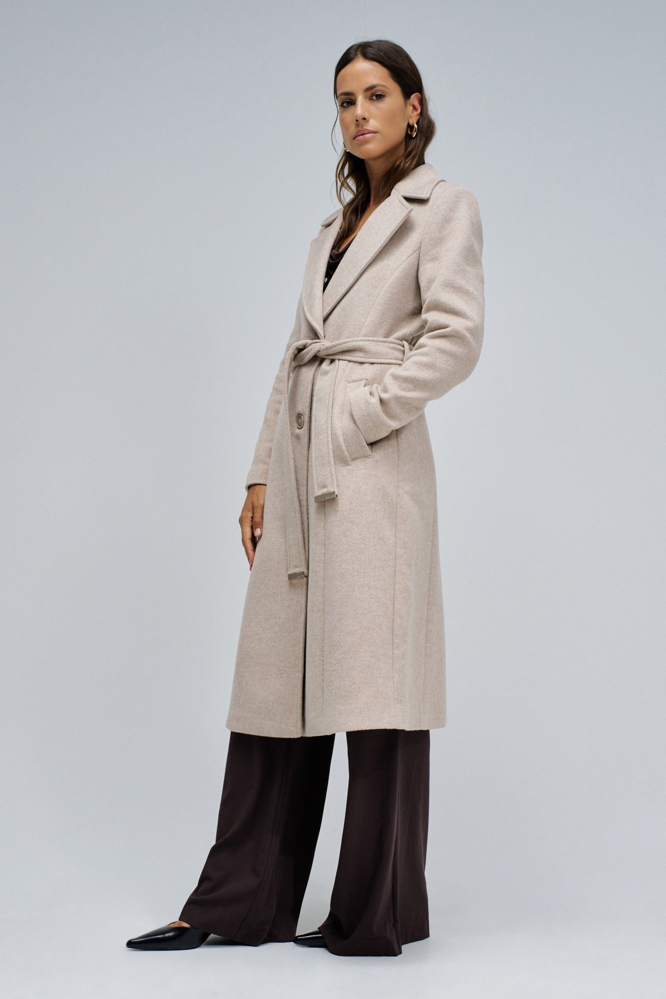 Long Wool Coat Faux Fur Belt in Medium Beige V1 Jackets Salsa Jeans
