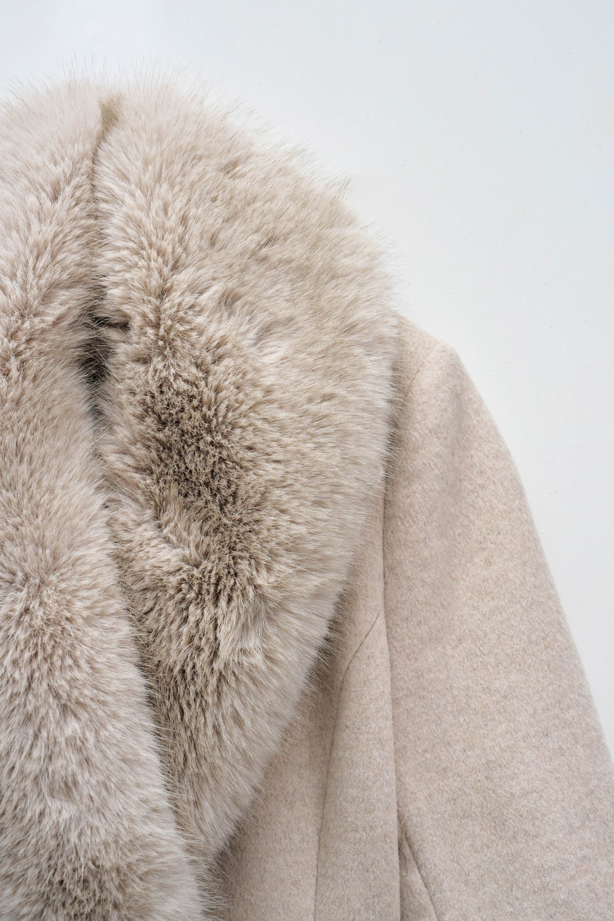 Long Wool Coat Faux Fur Belt in Medium Beige V1 Jackets Salsa Jeans
