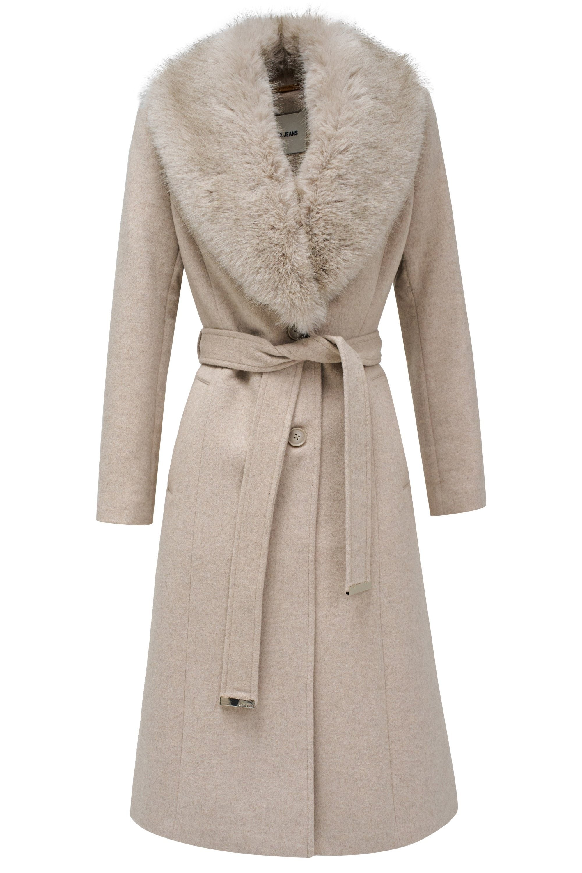 Long Wool Coat Faux Fur Belt in Medium Beige V1 Jackets Salsa Jeans