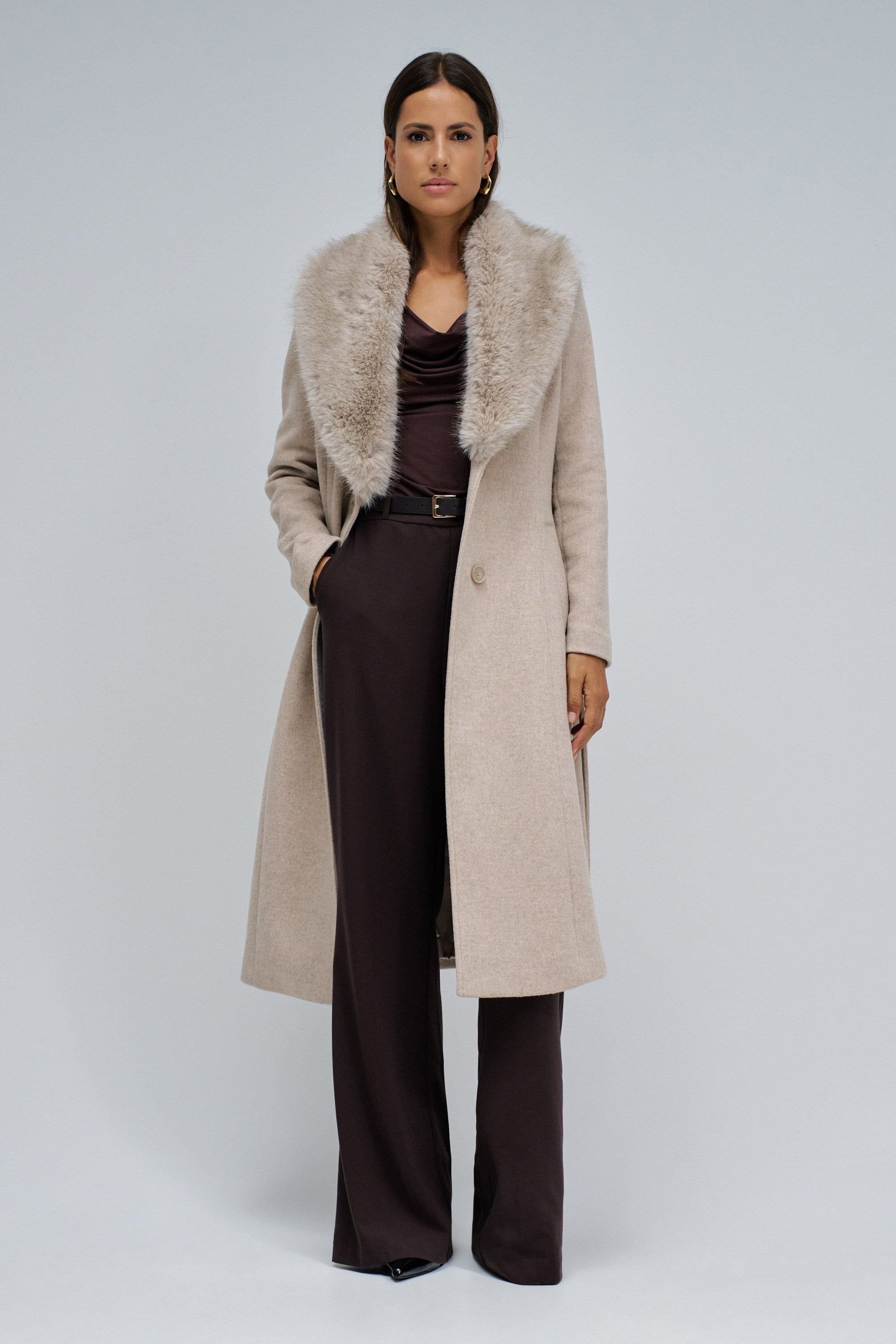 Long Wool Coat Faux Fur Belt in Medium Beige V1 Jackets Salsa Jeans