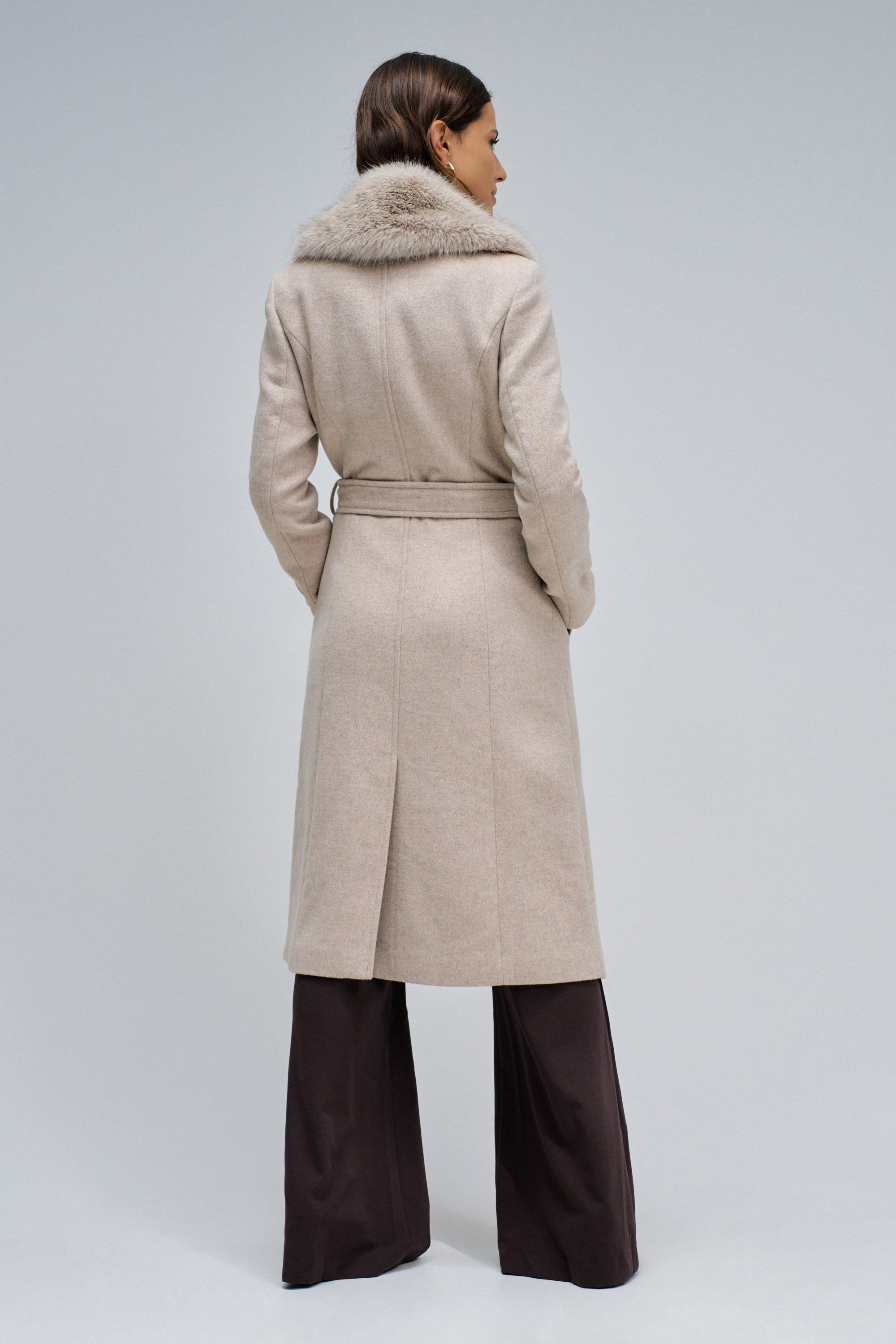 Long Wool Coat Faux Fur Belt in Medium Beige V1 Jackets Salsa Jeans