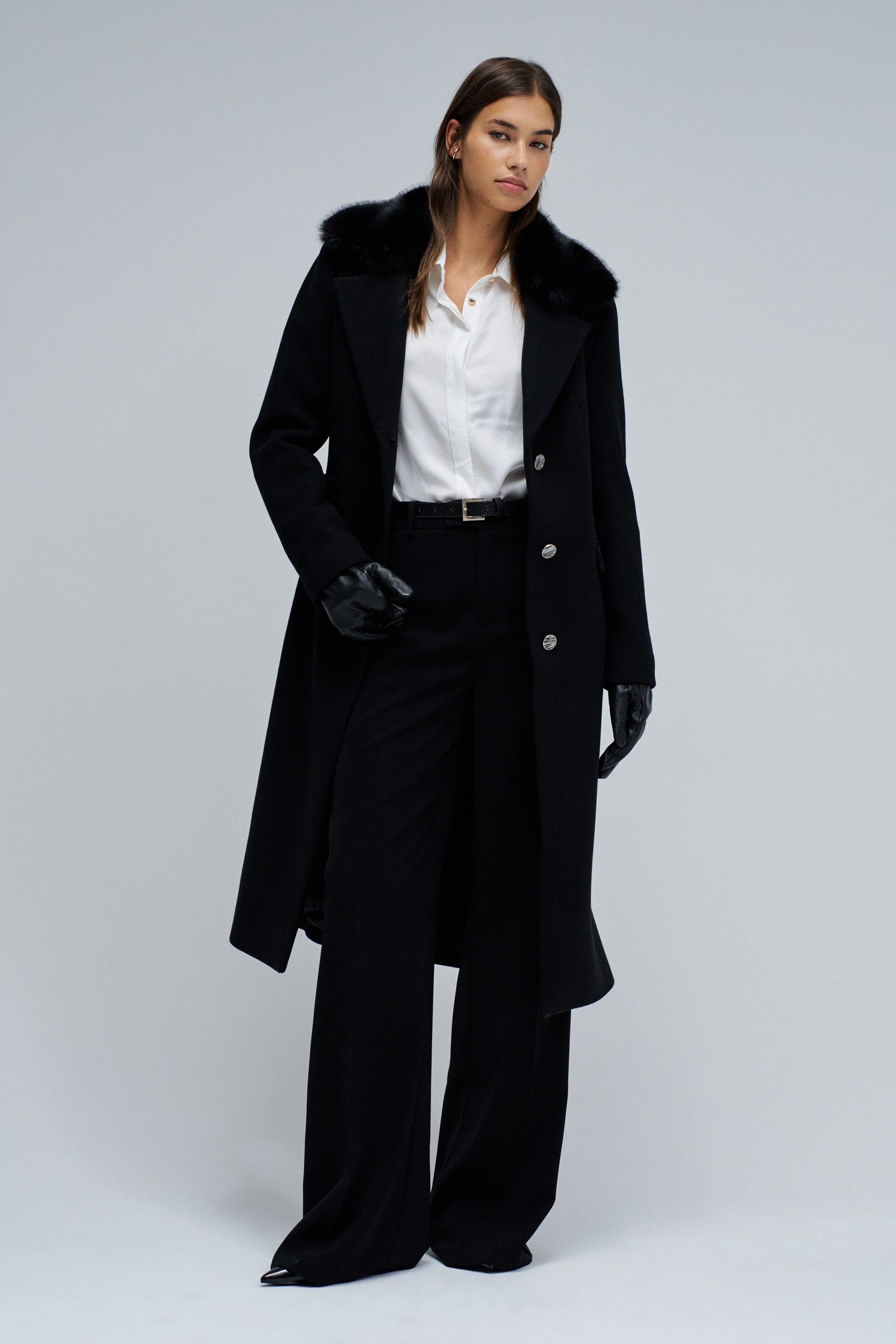 Wool Coat With Faux Fur Collar in Black Jackets Salsa Jeans