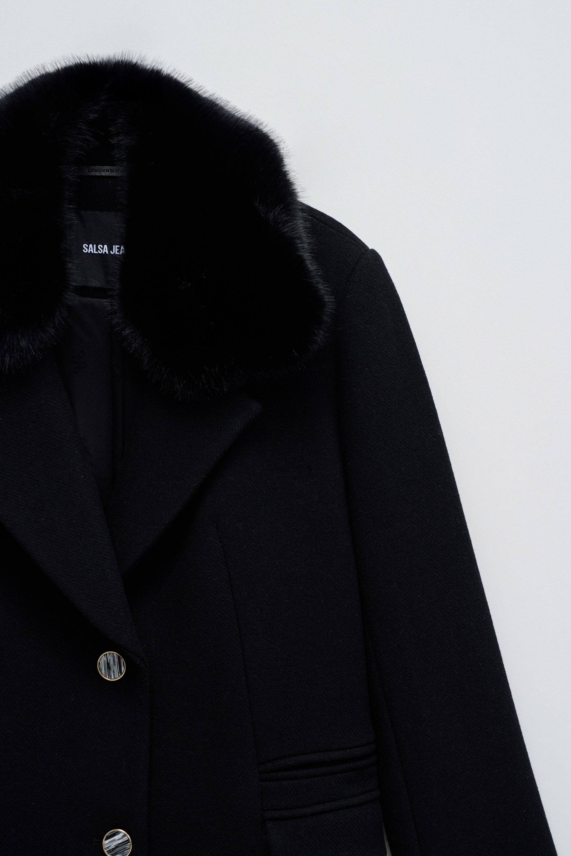Wool Coat With Faux Fur Collar in Black Jackets Salsa Jeans