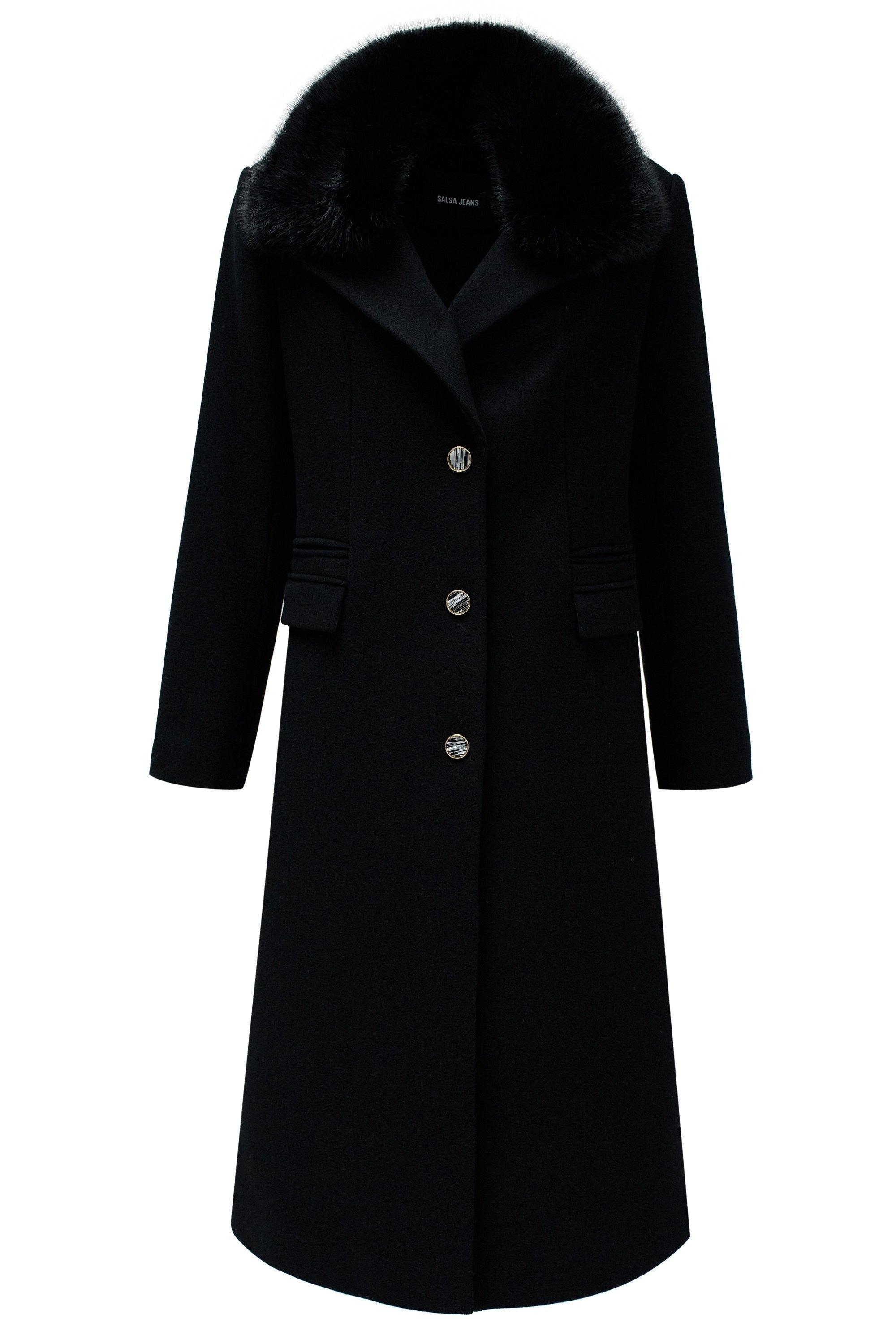 Wool Coat With Faux Fur Collar in Black Jackets Salsa Jeans