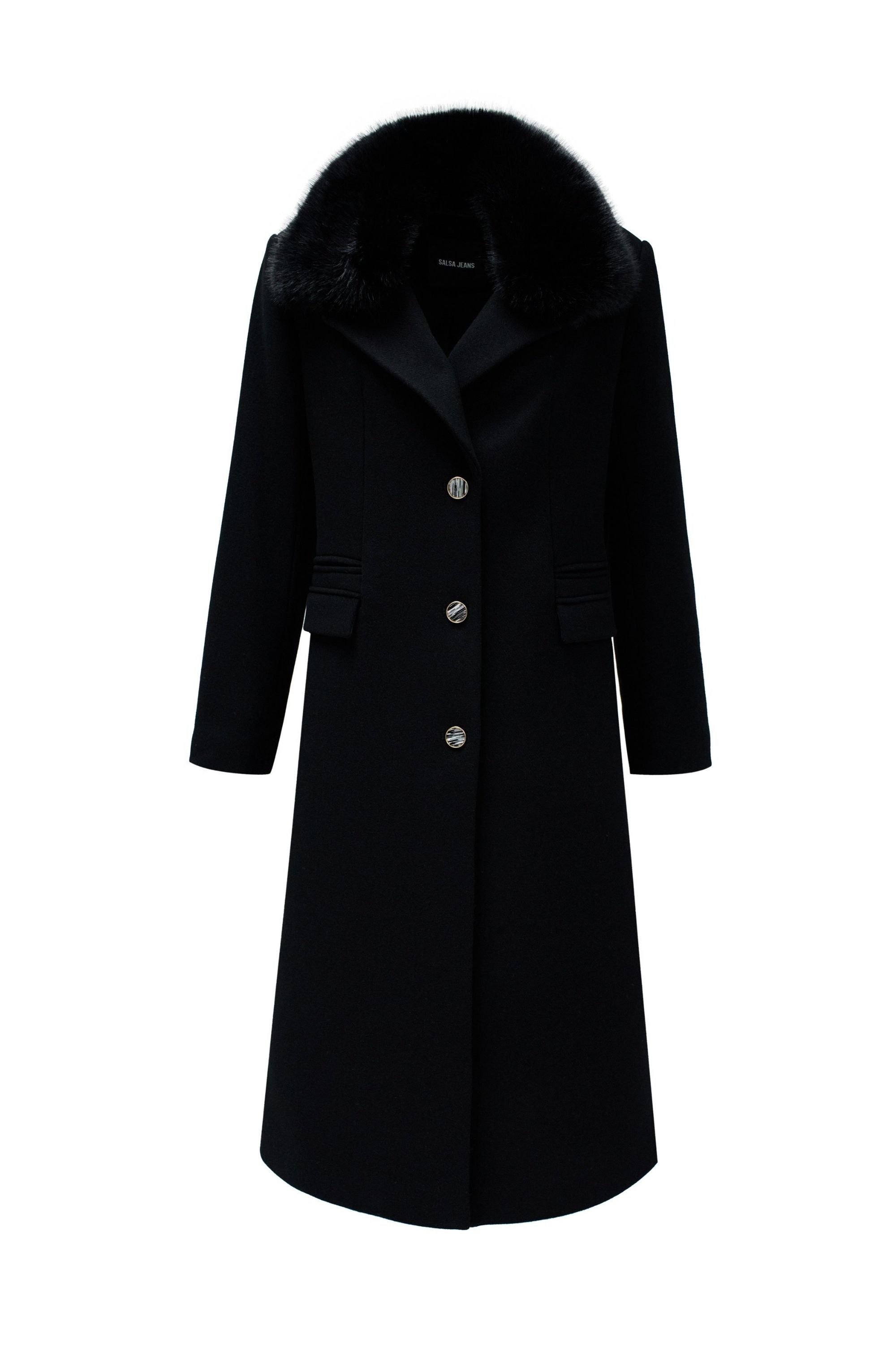 Wool Coat With Faux Fur Collar in Black