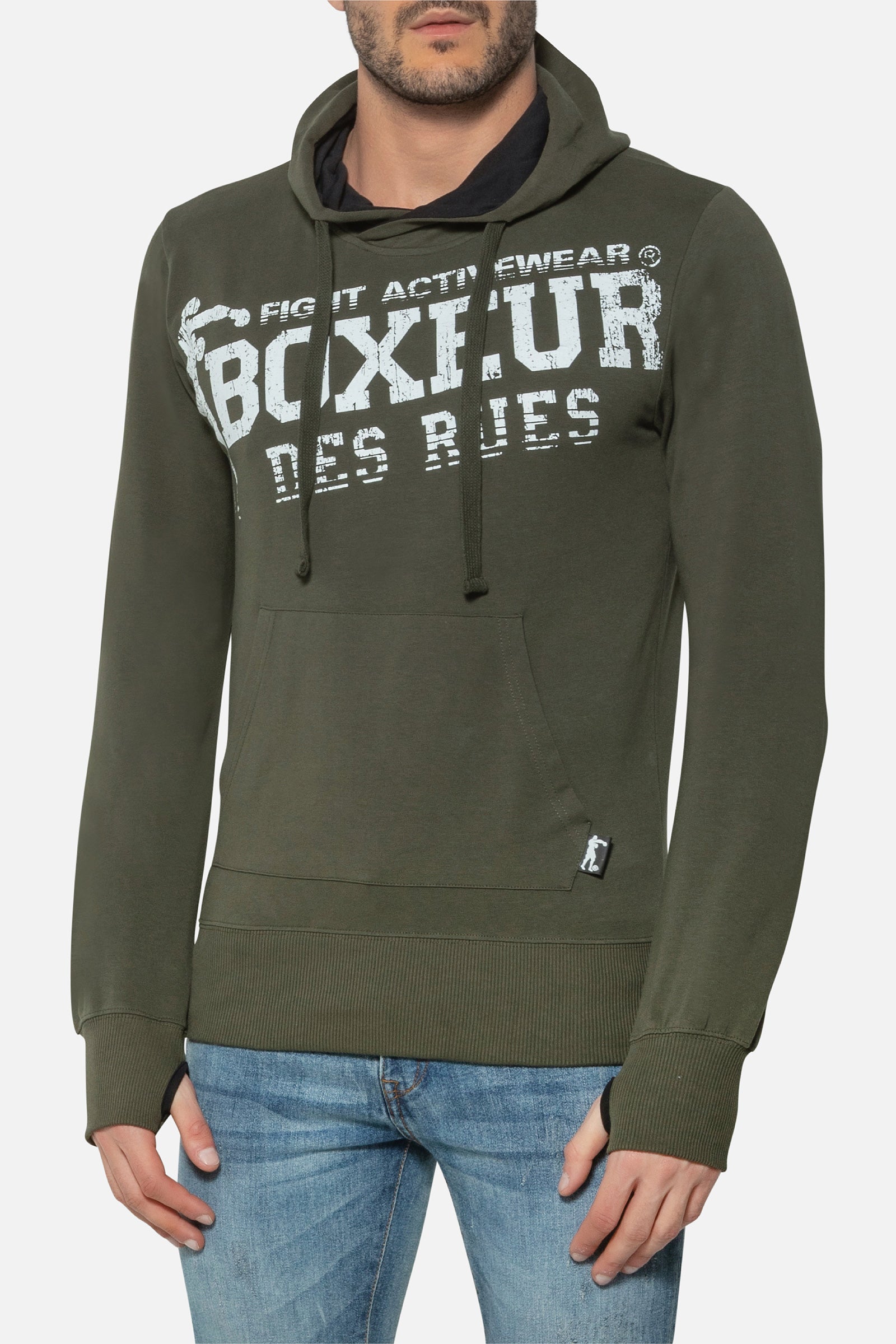 Hooded Sweatshirt with Thumb Openings in Army Hooded Sweatshirt Boxeur des Rues