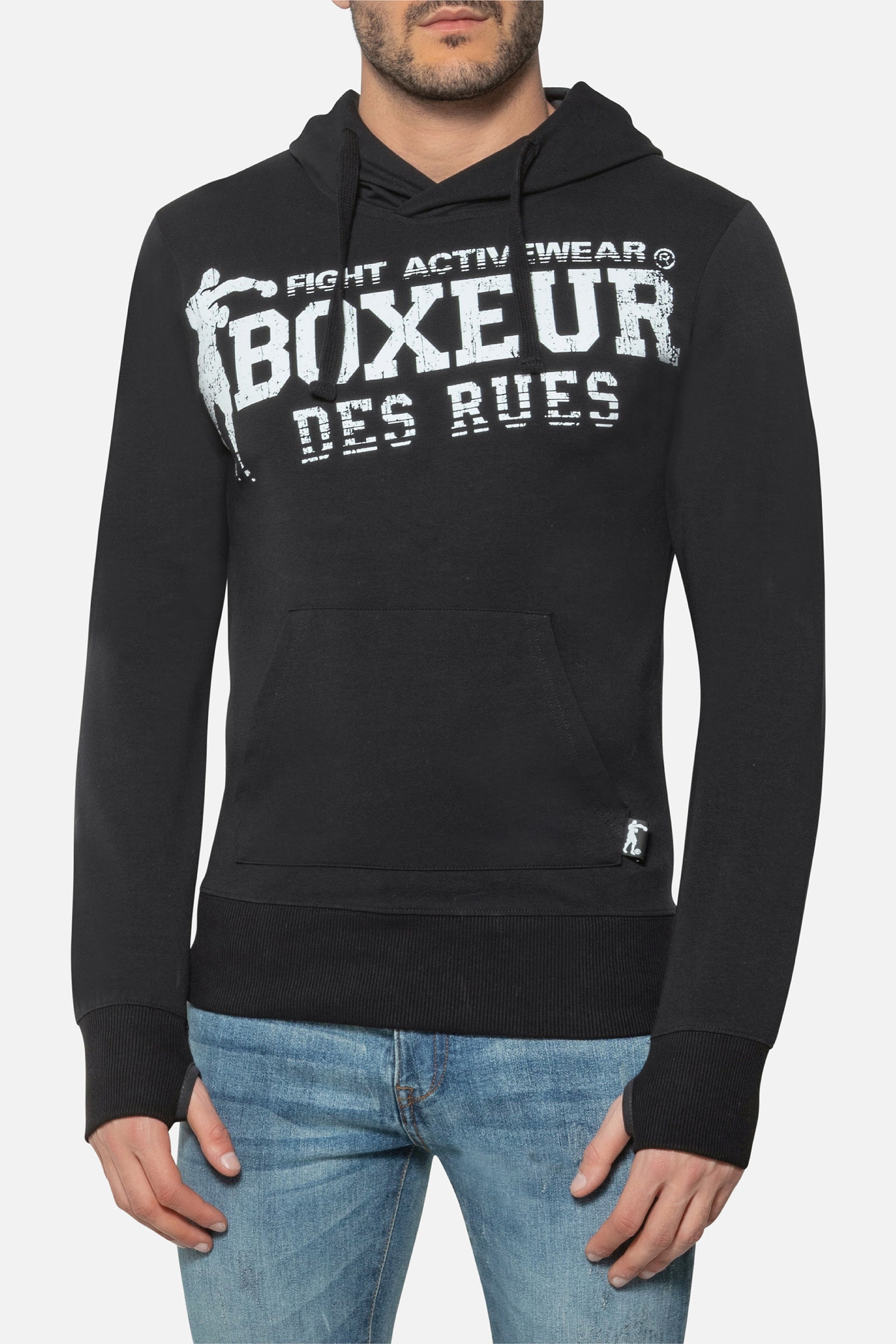Hooded Sweatshirt with Thumb Openings in Black Hooded Sweatshirt Boxeur des Rues