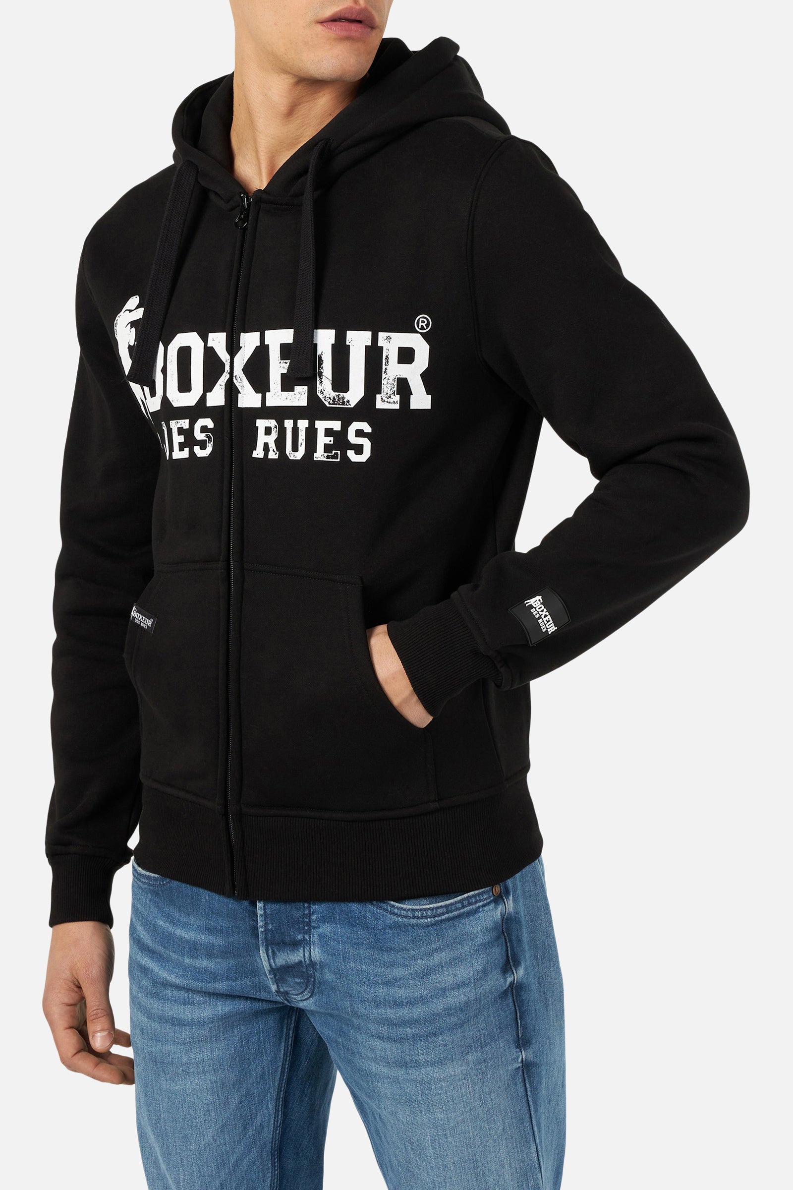 Hoodie Full Zip With Patch in Black-White Sweat Jackets Boxeur des Rues