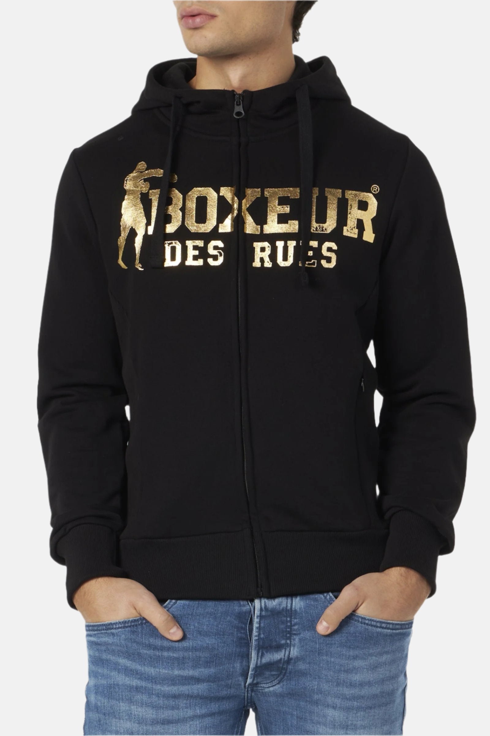Hooded Full Zip Sweatshirt in Black-Gold Sweat Jackets Boxeur des Rues