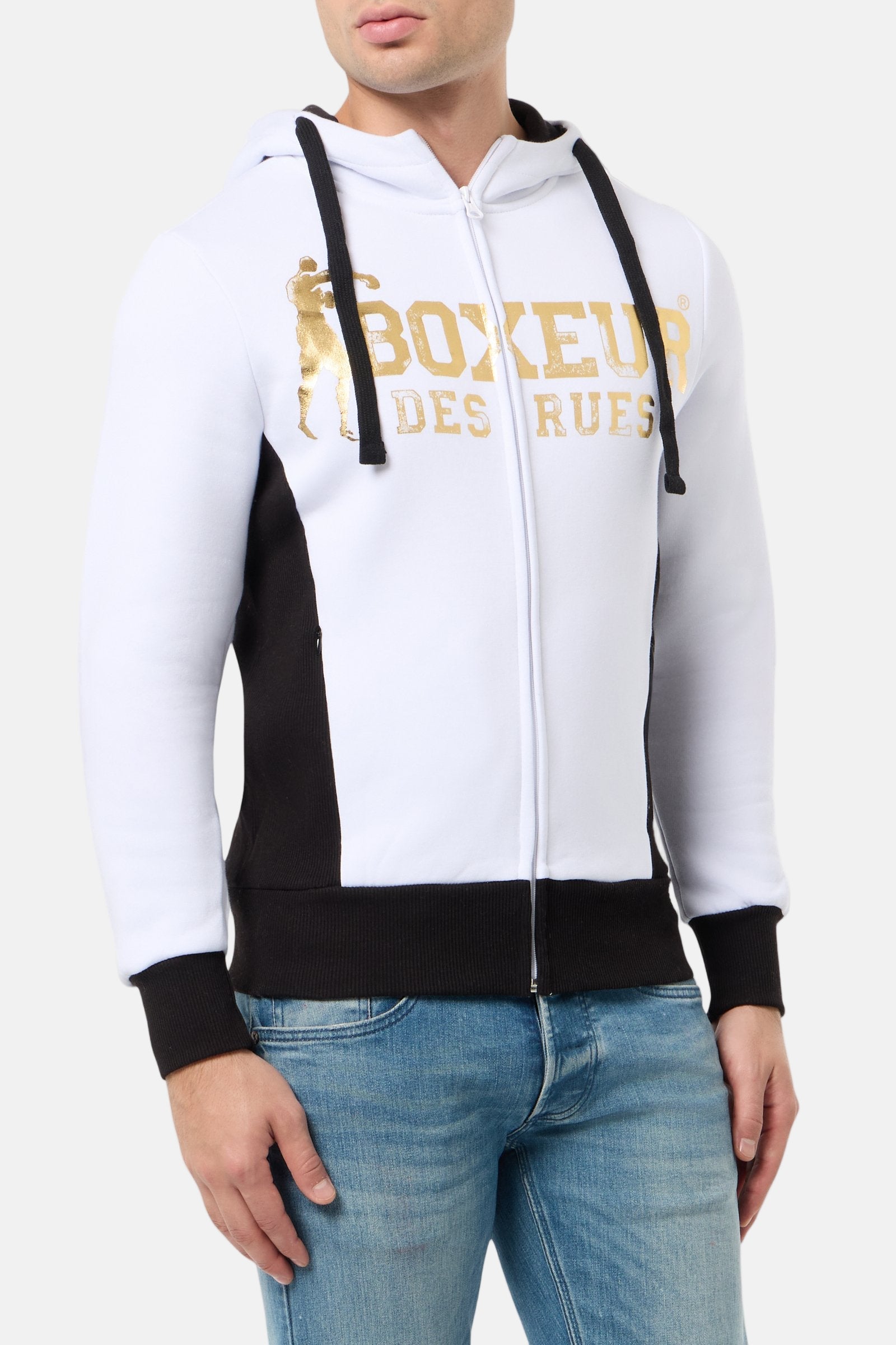 Hooded Full Zip Sweatshirt in White-Gold