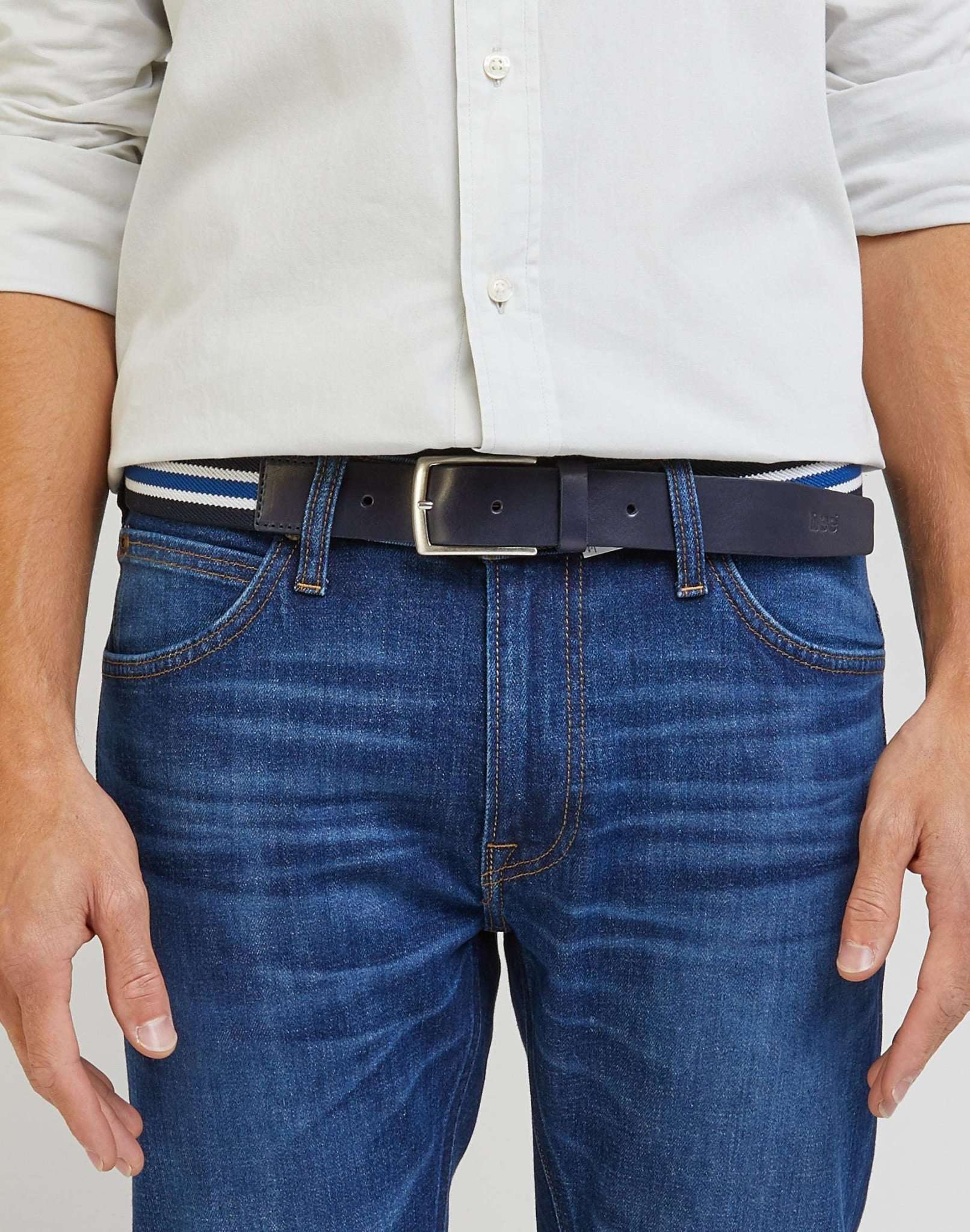 Striped Webbing Belt in Sky Captain Belt Lee
