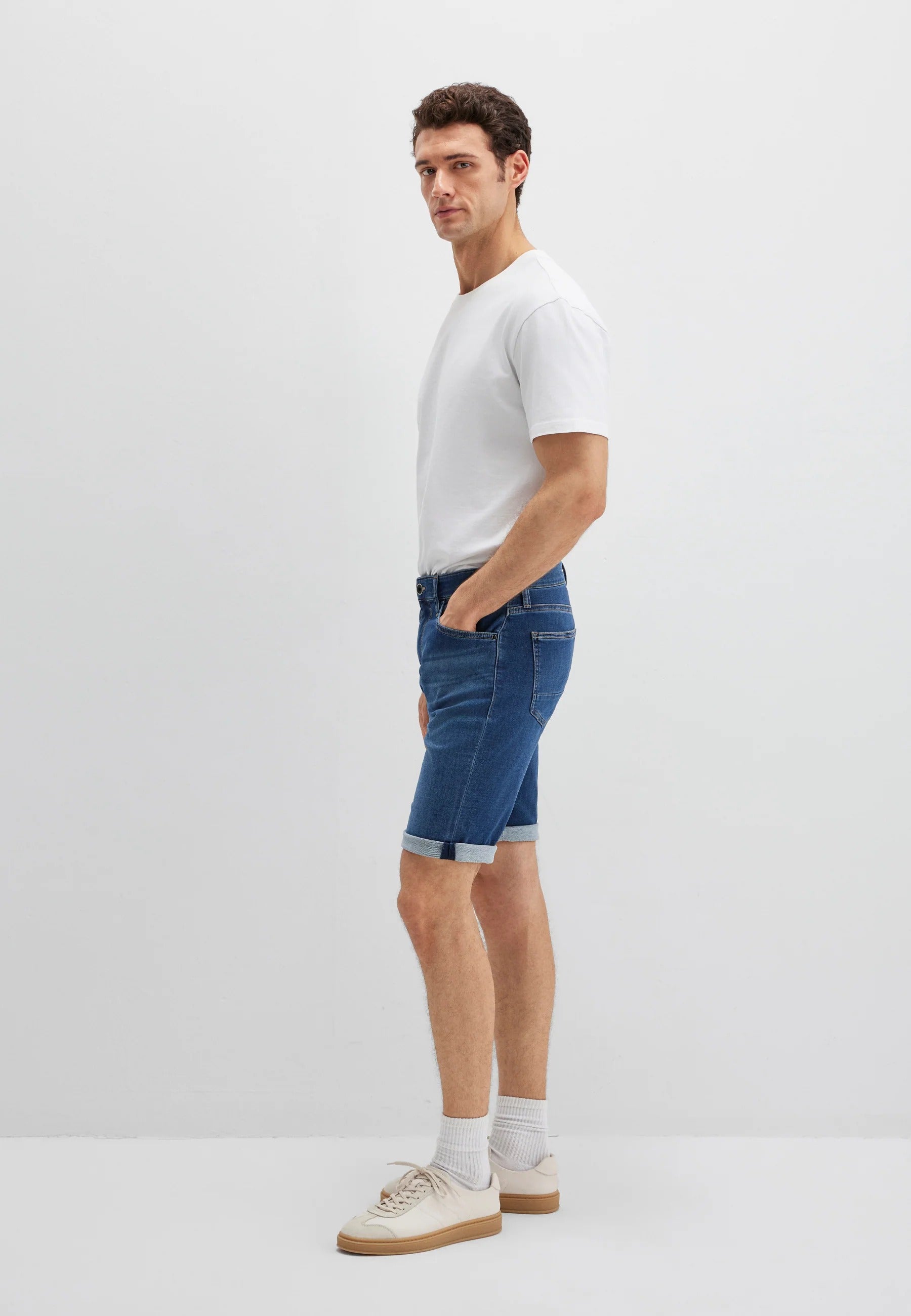 Tim in dark blue sporty denim shorts Mavi