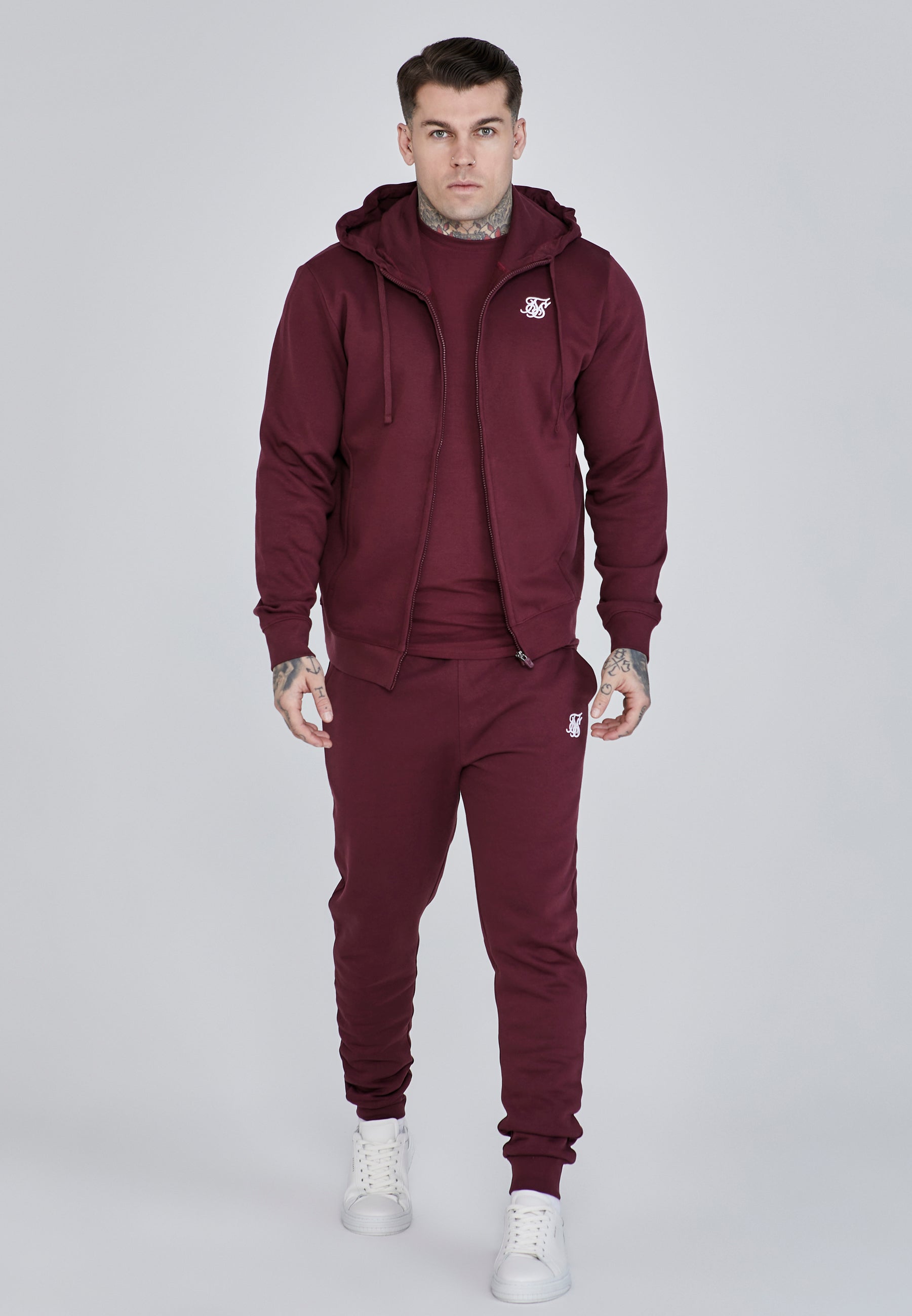 Essentials Full Zip Hoodie in Burgundy Sweat Jackets SikSilk