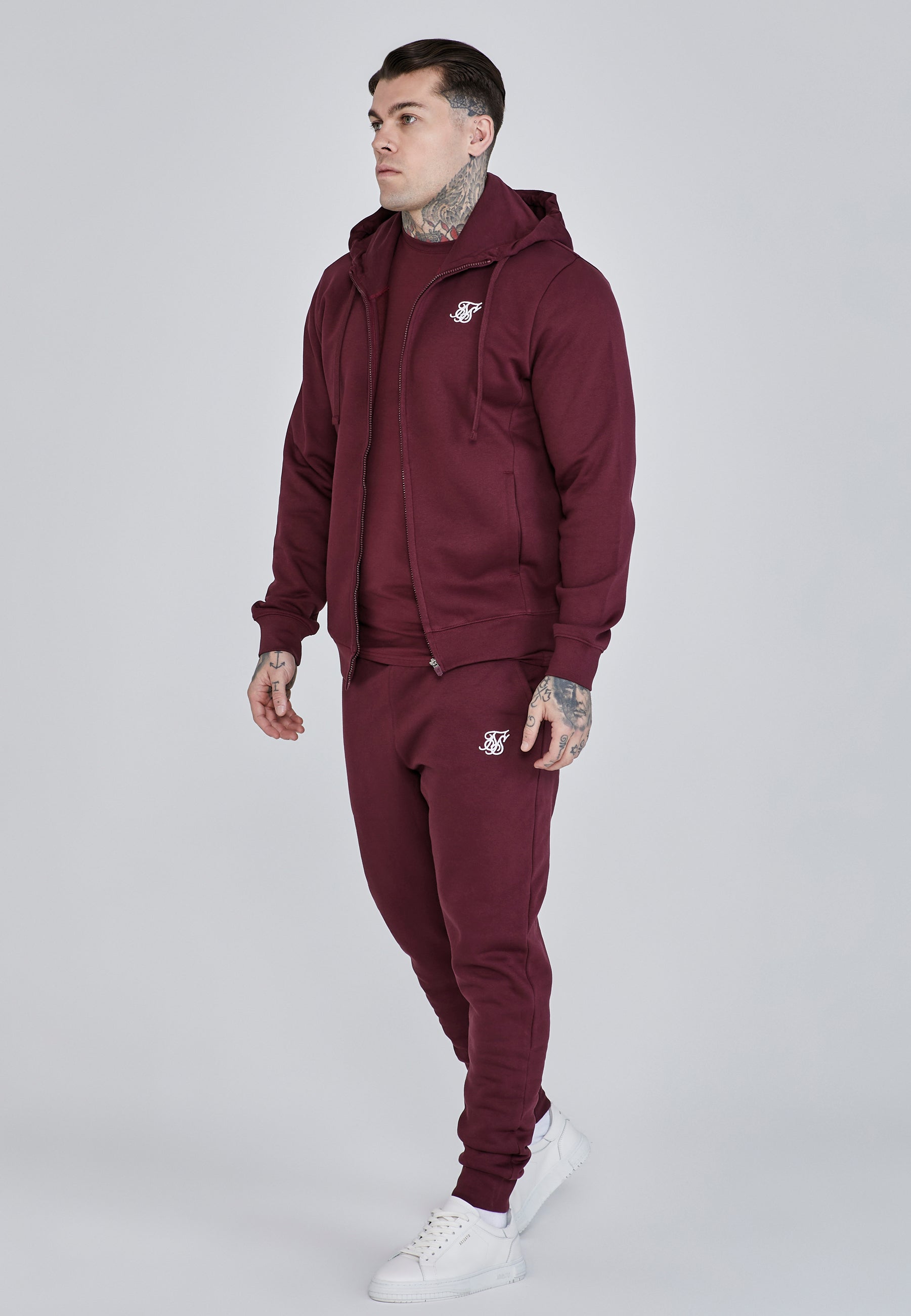 Essentials Full Zip Hoodie in Burgundy Sweat Jackets SikSilk