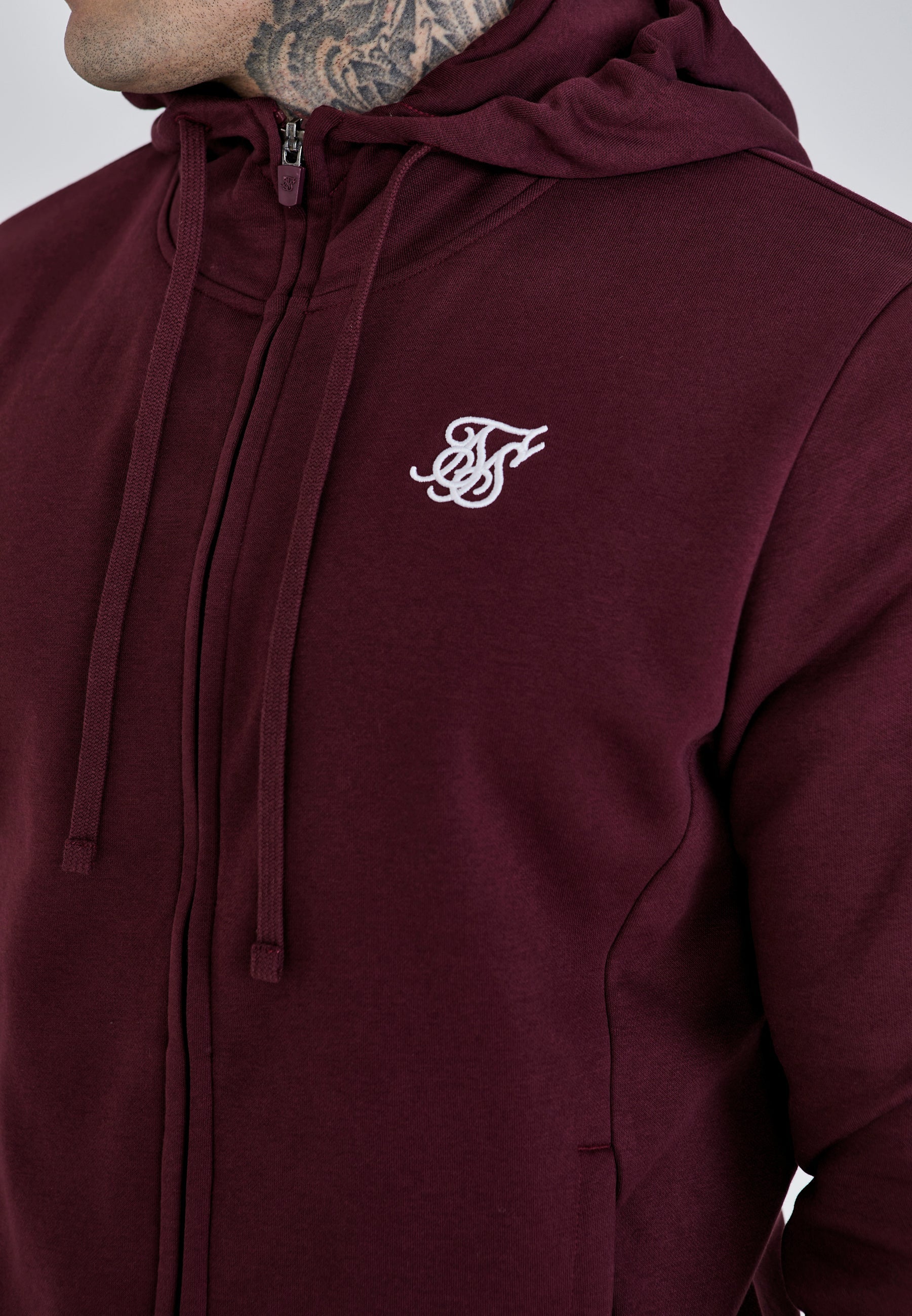 Essentials Full Zip Hoodie in Burgundy Sweat Jackets SikSilk