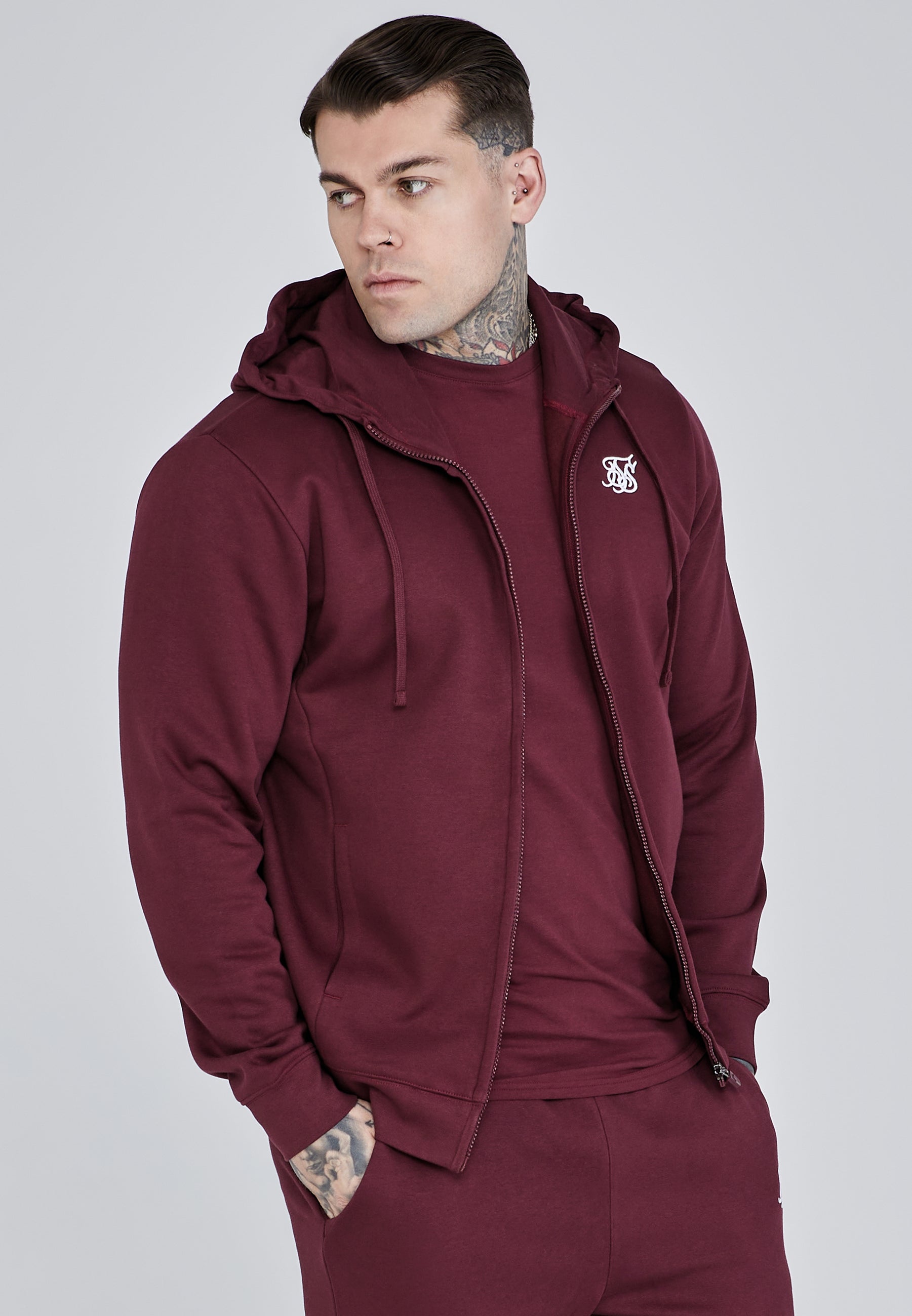 Essentials Full Zip Hoodie in Burgundy Sweat Jackets SikSilk