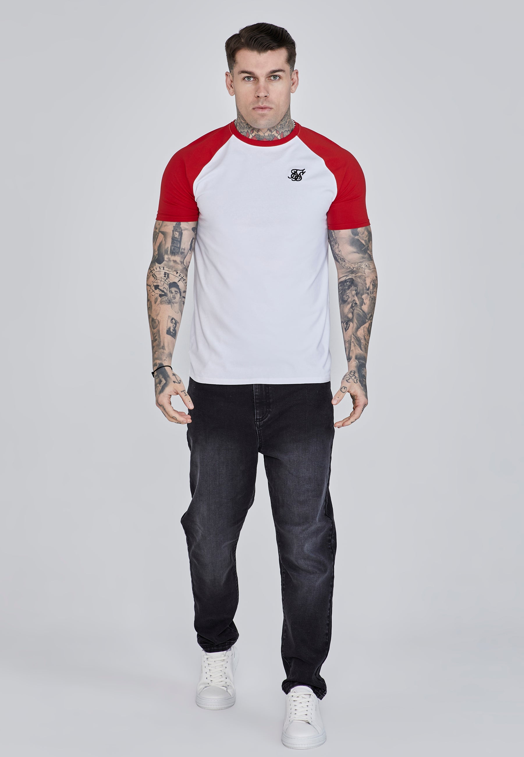 Raglan T-Shirt in White, Red T-Shirts SikSilk