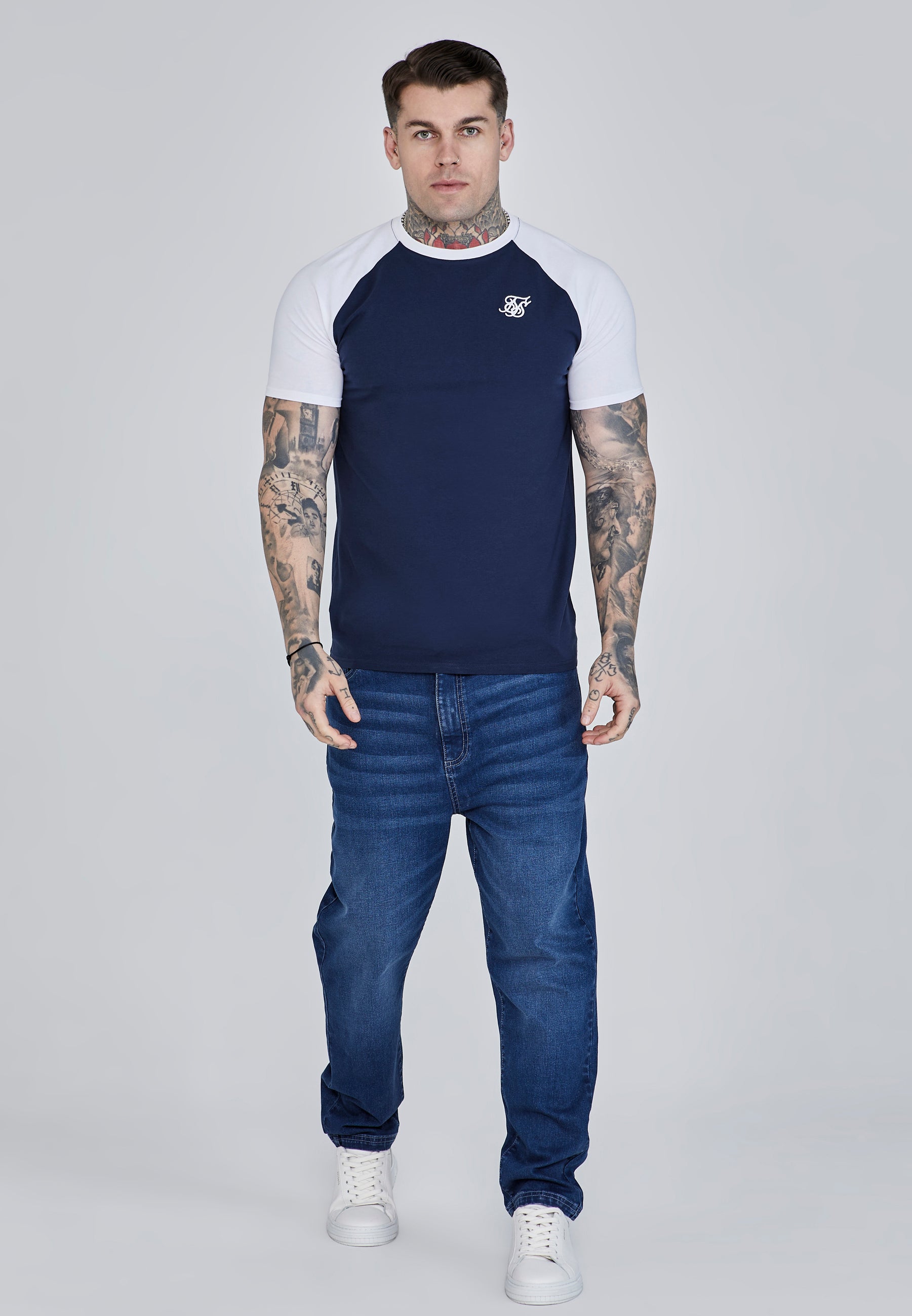 Raglan T-Shirt in Navy, White T-Shirts SikSilk
