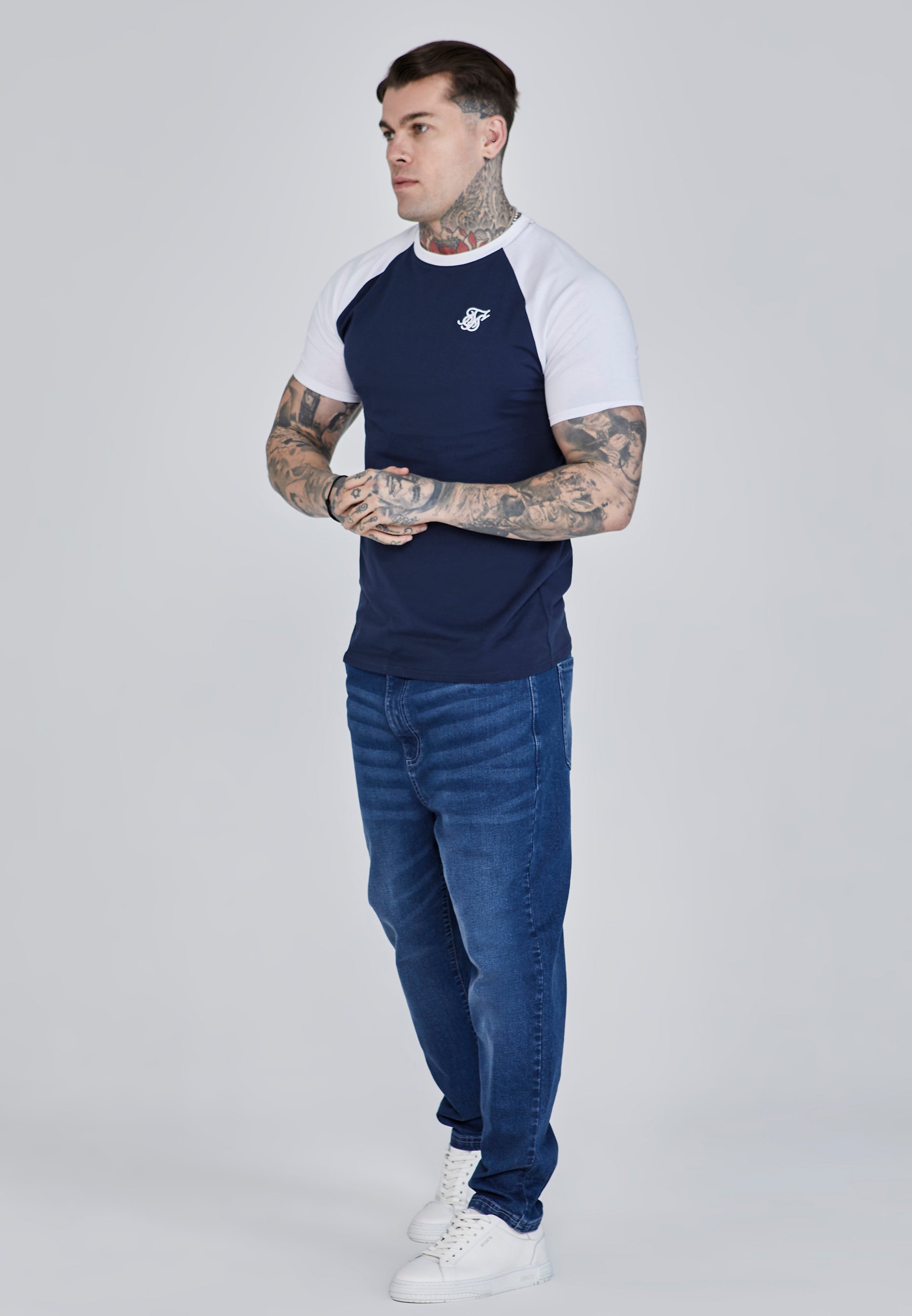 Raglan T-Shirt in Navy, White T-Shirts SikSilk