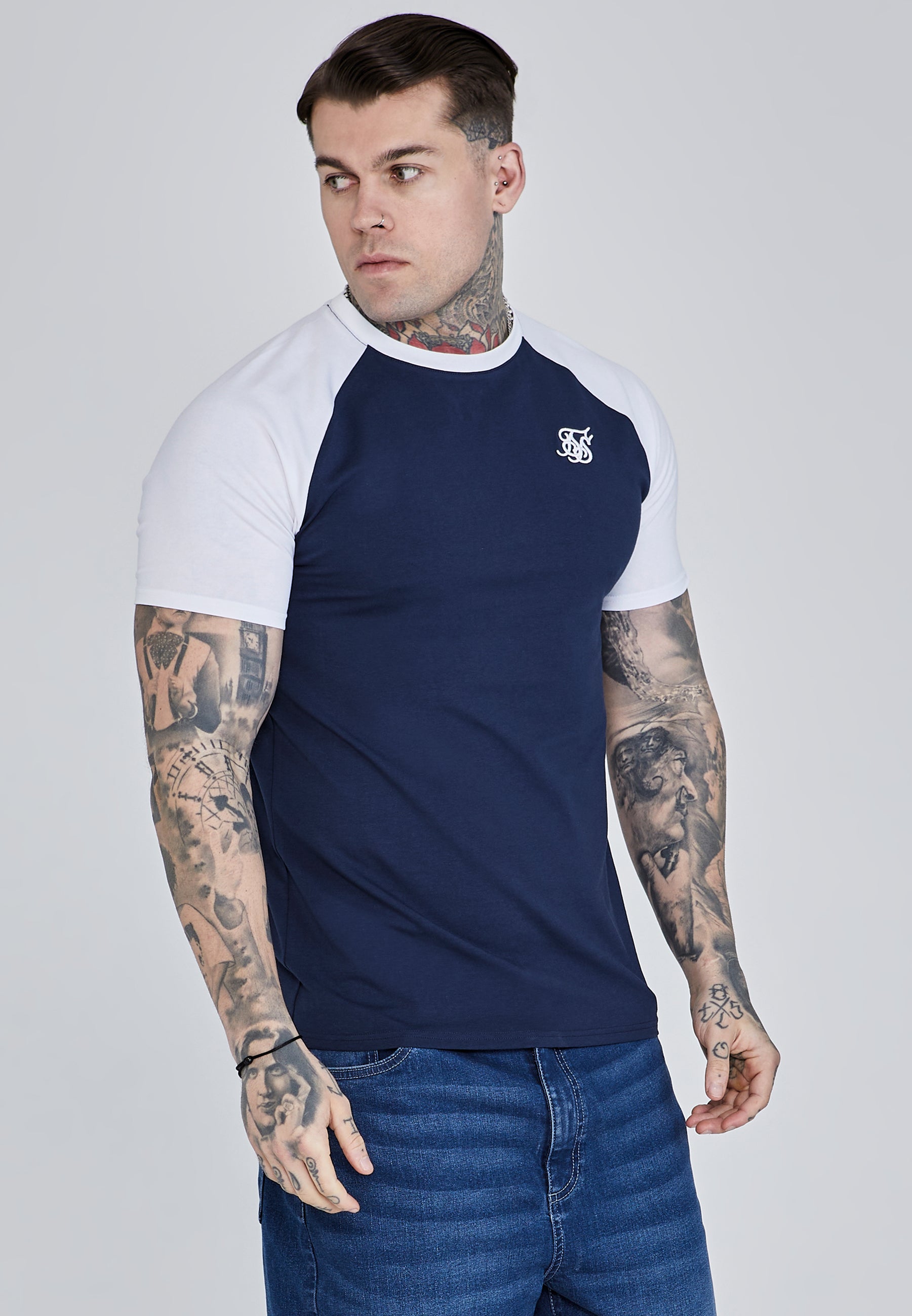 Raglan T-Shirt in Navy, White T-Shirts SikSilk