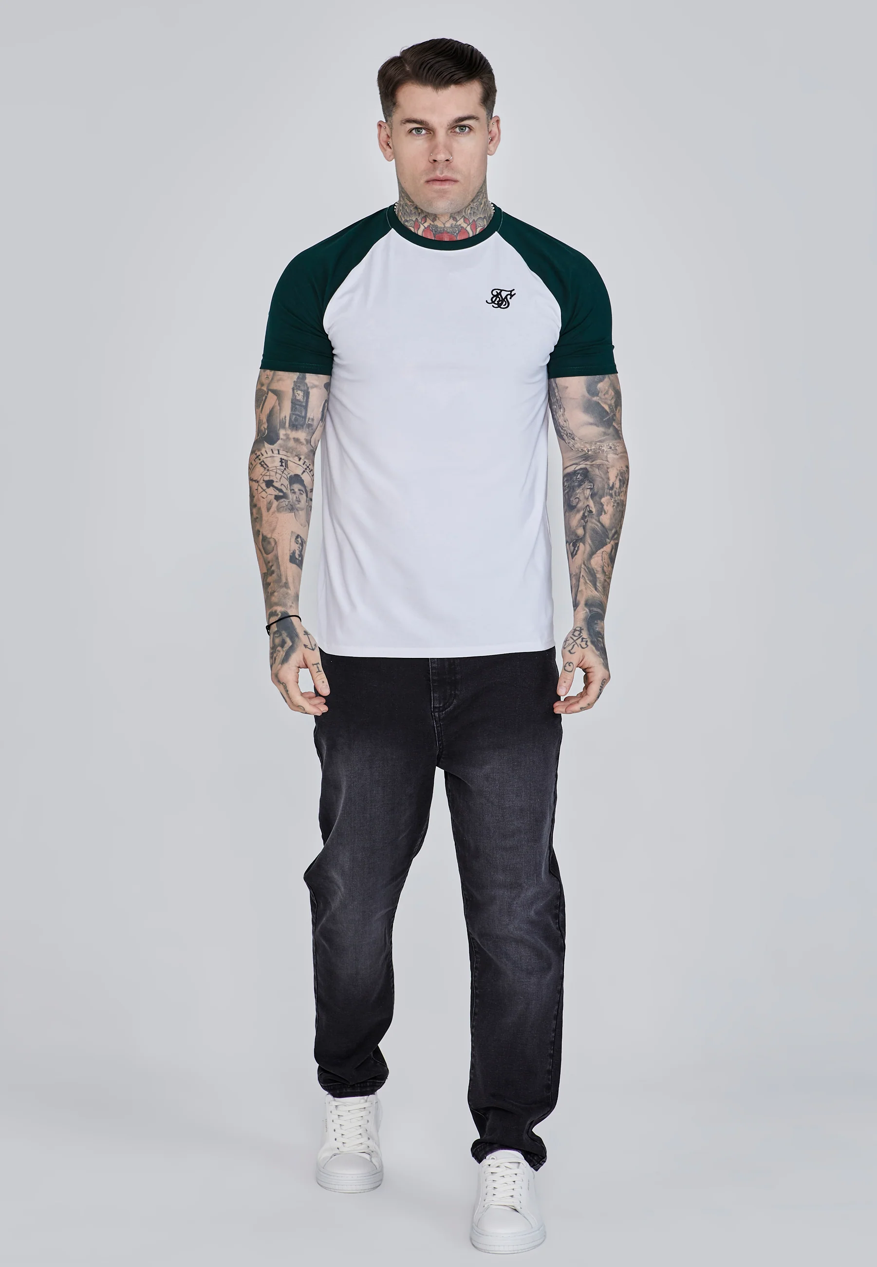 Raglan T-Shirt in White, Green T-Shirts SikSilk