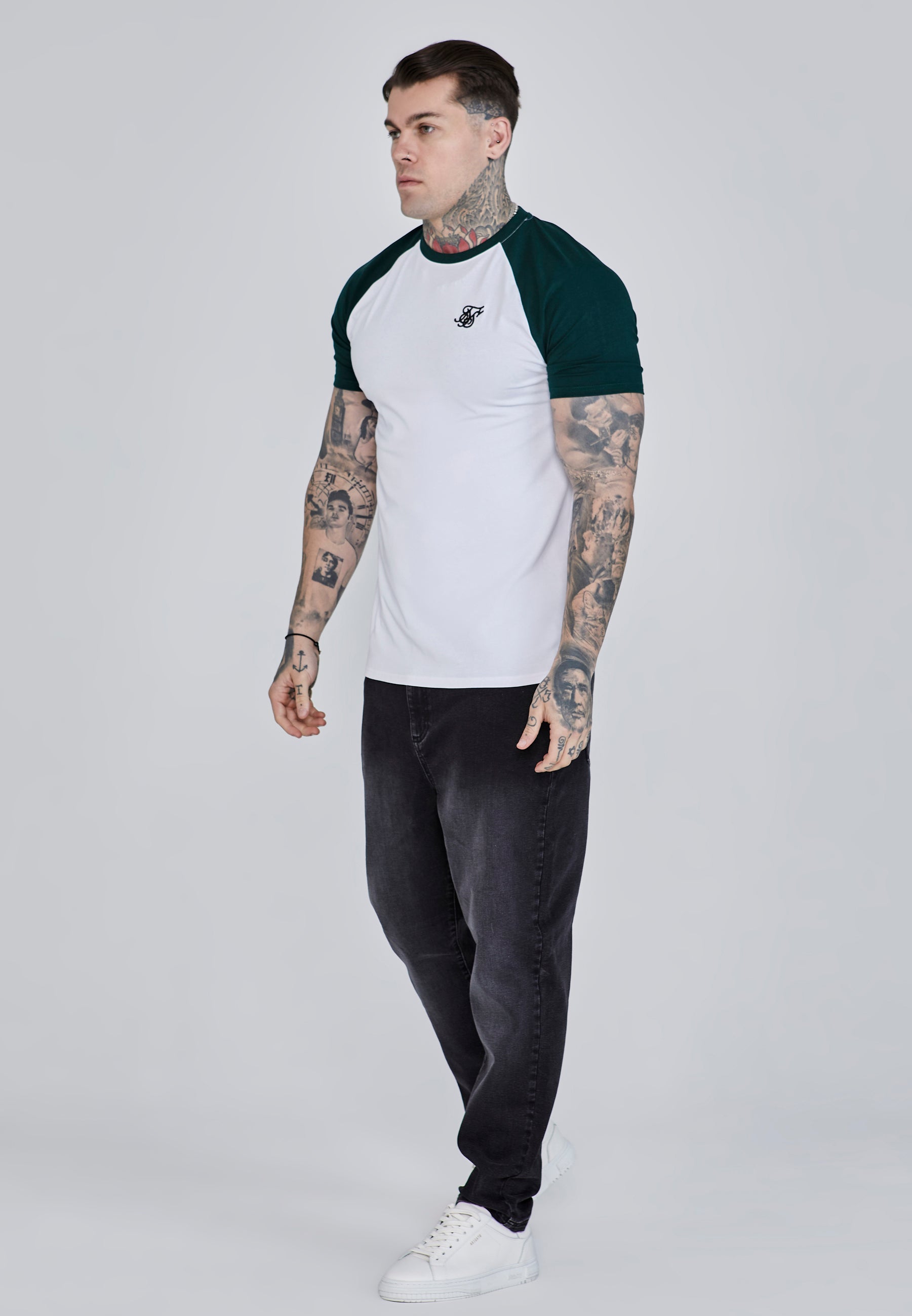 Raglan T-Shirt in White, Green T-Shirts SikSilk