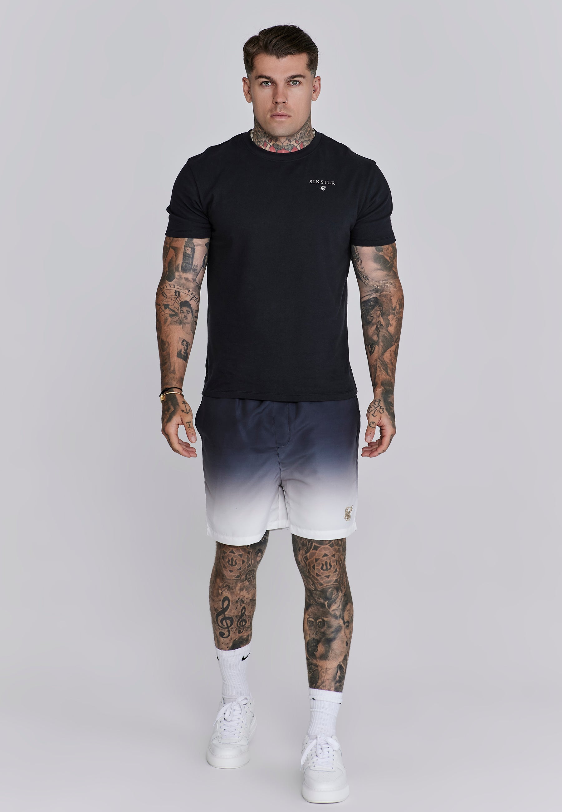 Fade Swim Shorts in Navy, White Swimming Trunks SikSilk