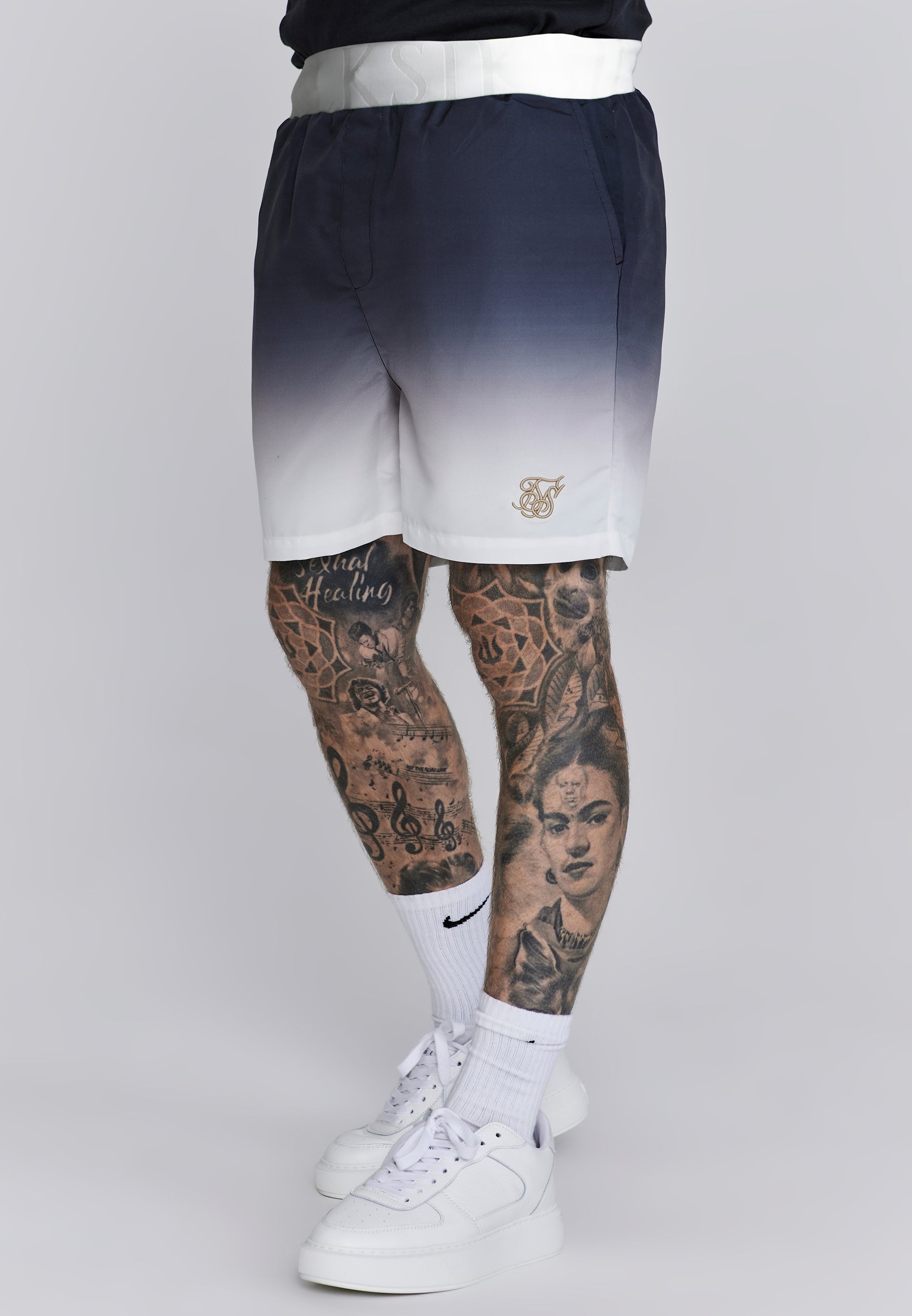 Fade Swim Shorts in Navy, White Swimming Trunks SikSilk