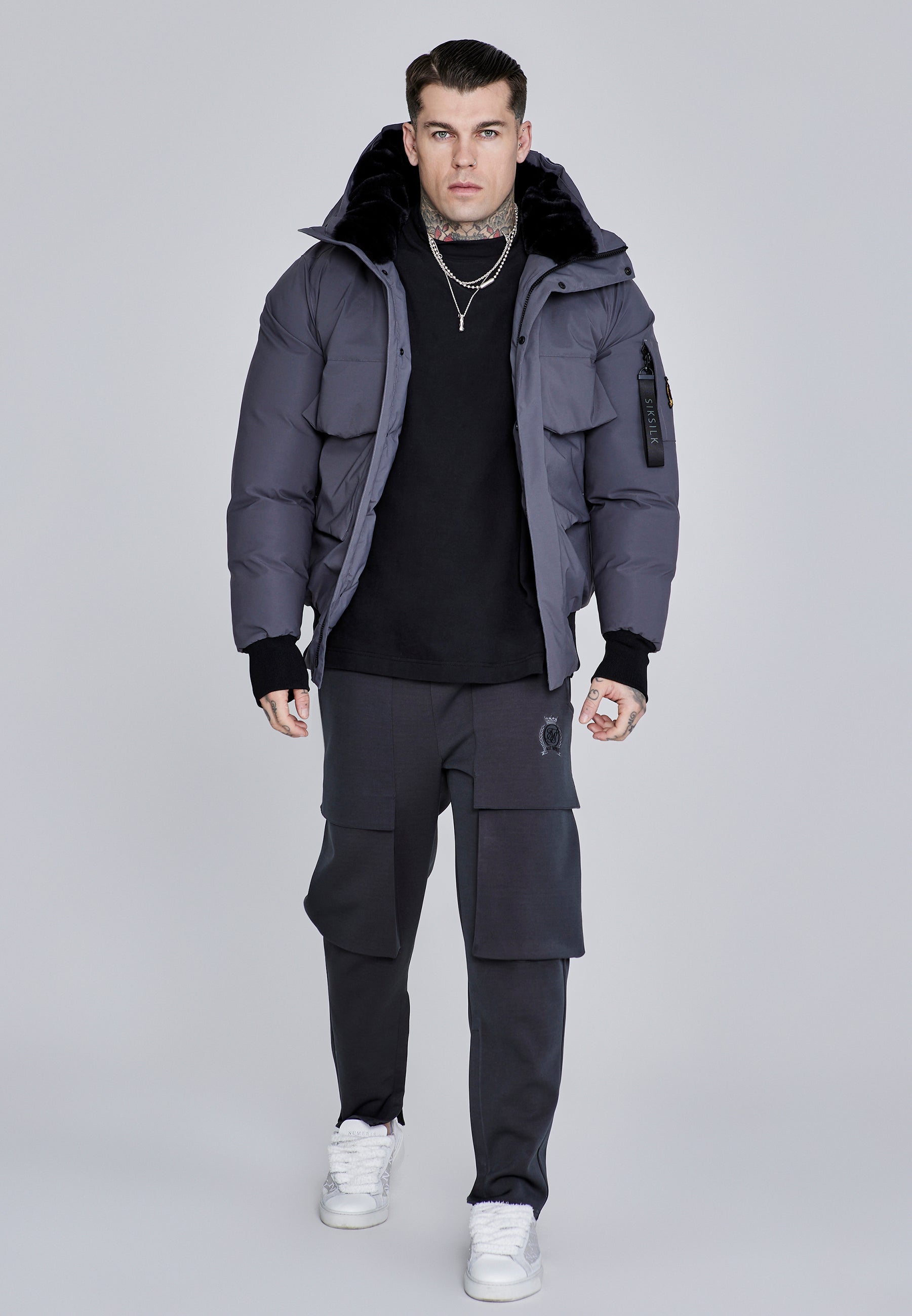 Hooded Bomber Jacket in Grey Jackets SikSilk