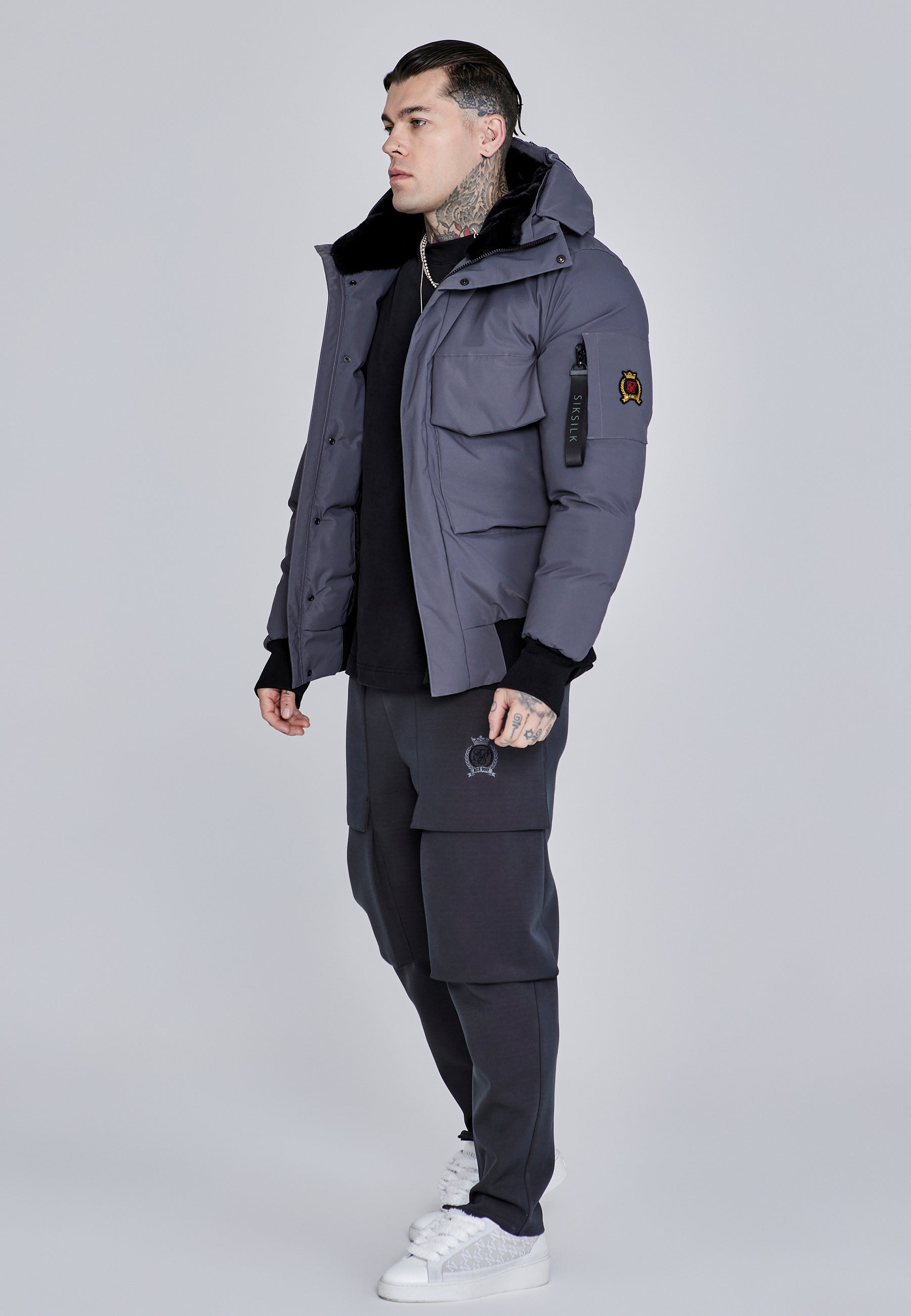 Hooded Bomber Jacket in Grey Jackets SikSilk