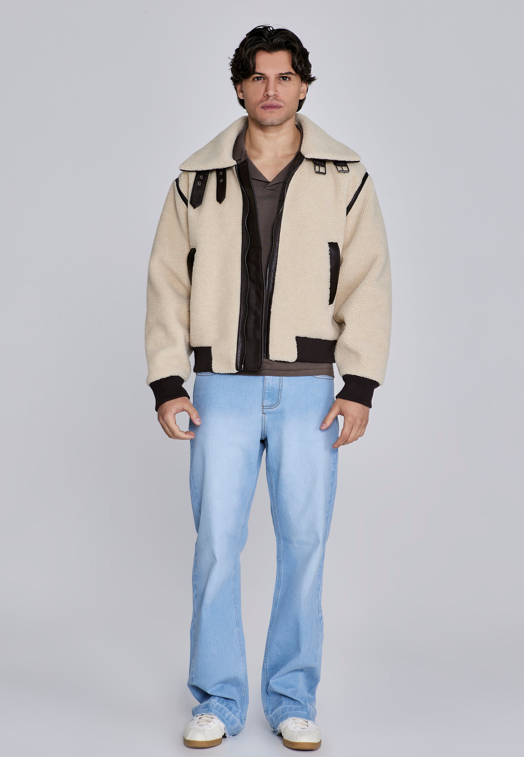 Sherpa Bomber Jacket in Beige Jackets SikSilk
