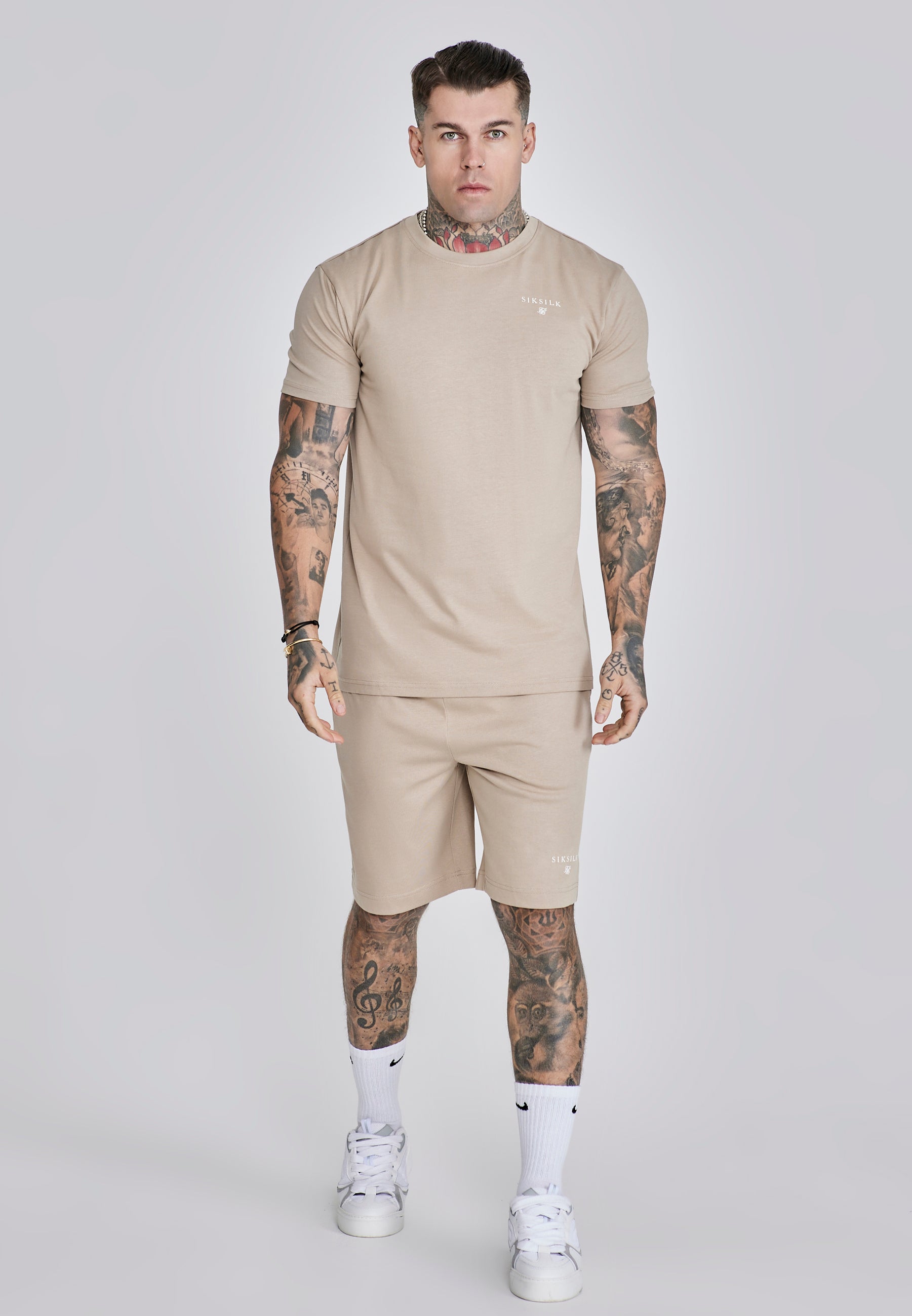 T-Shirt and Shorts Set in Beige Sets SikSilk