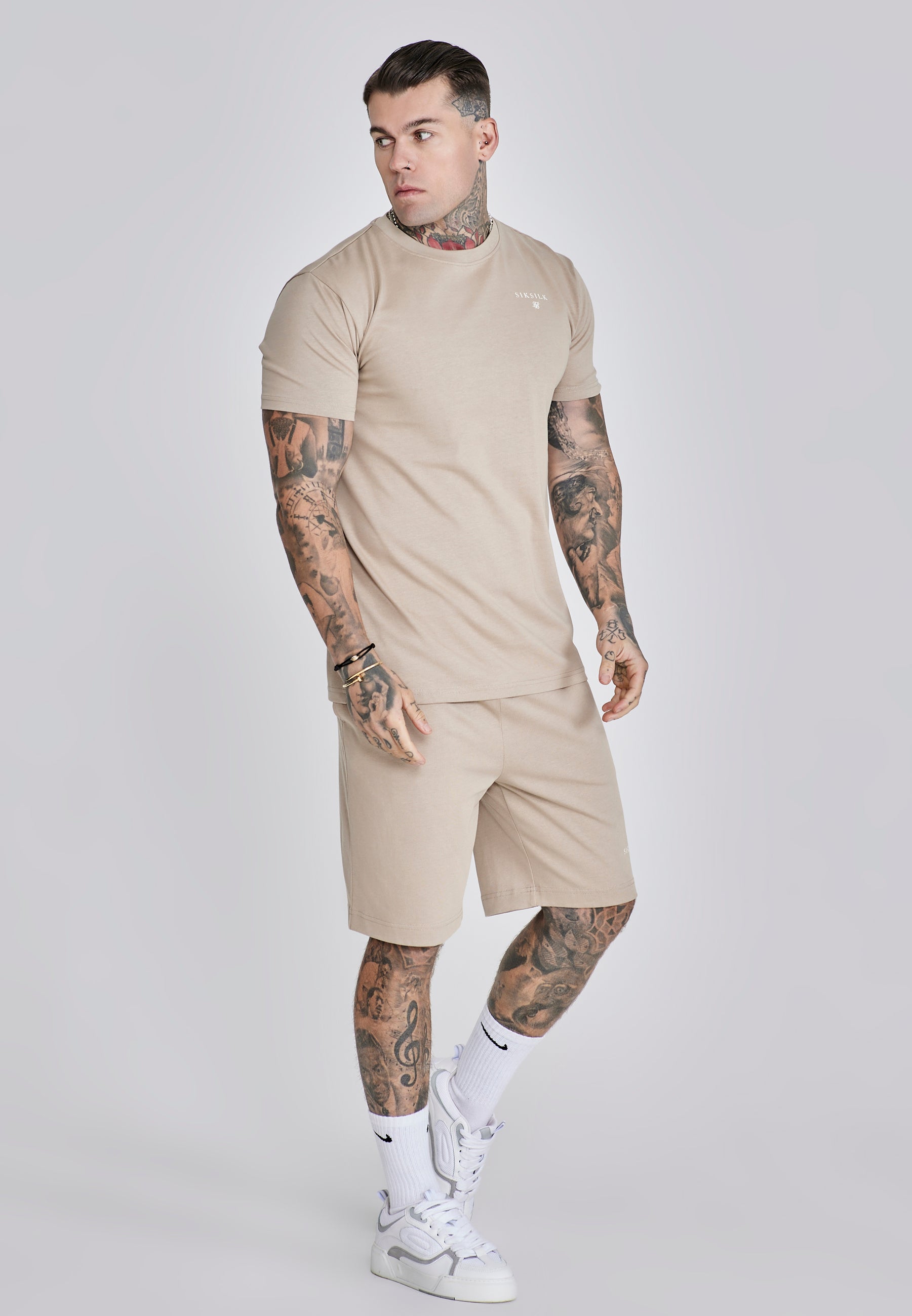 T-Shirt and Shorts Set in Beige Sets SikSilk