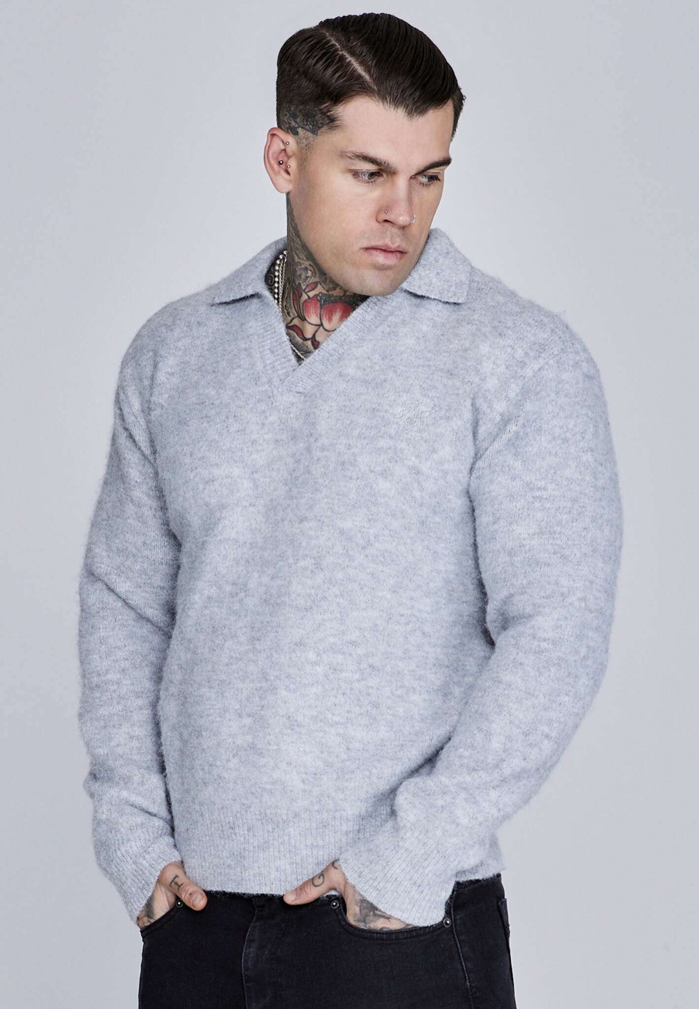 Knitted Polo Sweater in Grey Sweater SikSilk