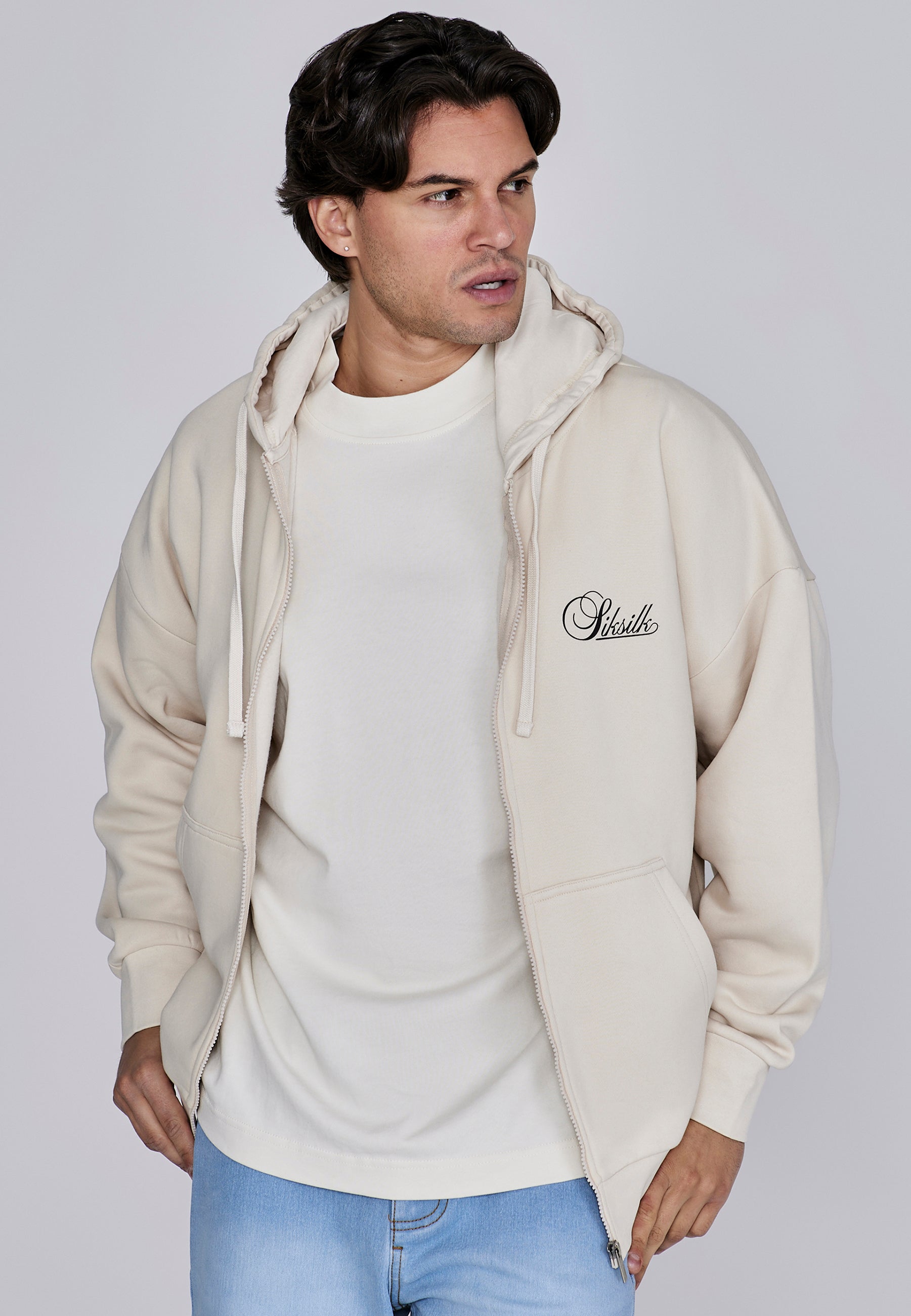 Essentials Full Zip Hoodie in Ecru Sweat Jackets SikSilk