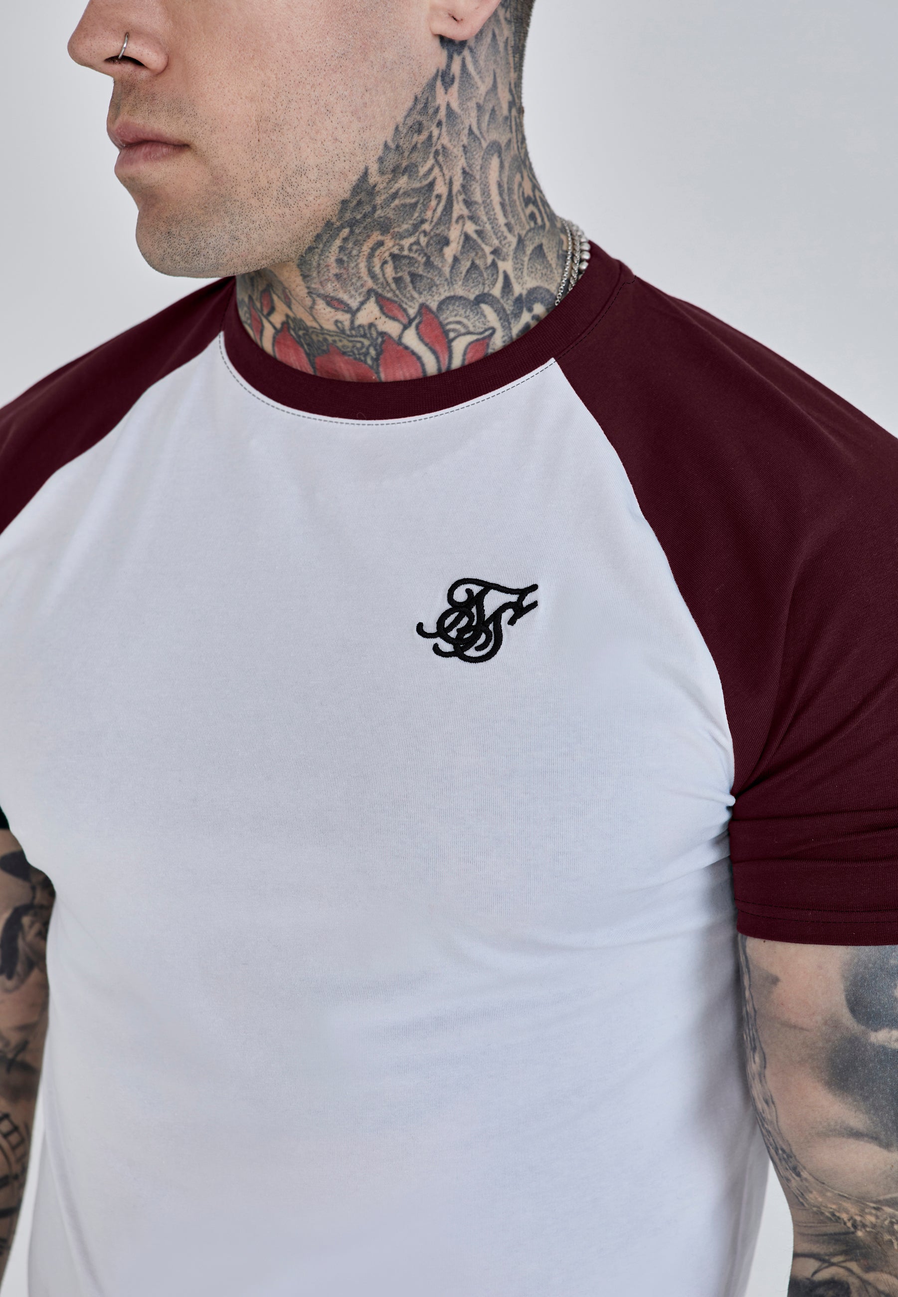 Raglan T-Shirt in White, Burgundy T-Shirts SikSilk