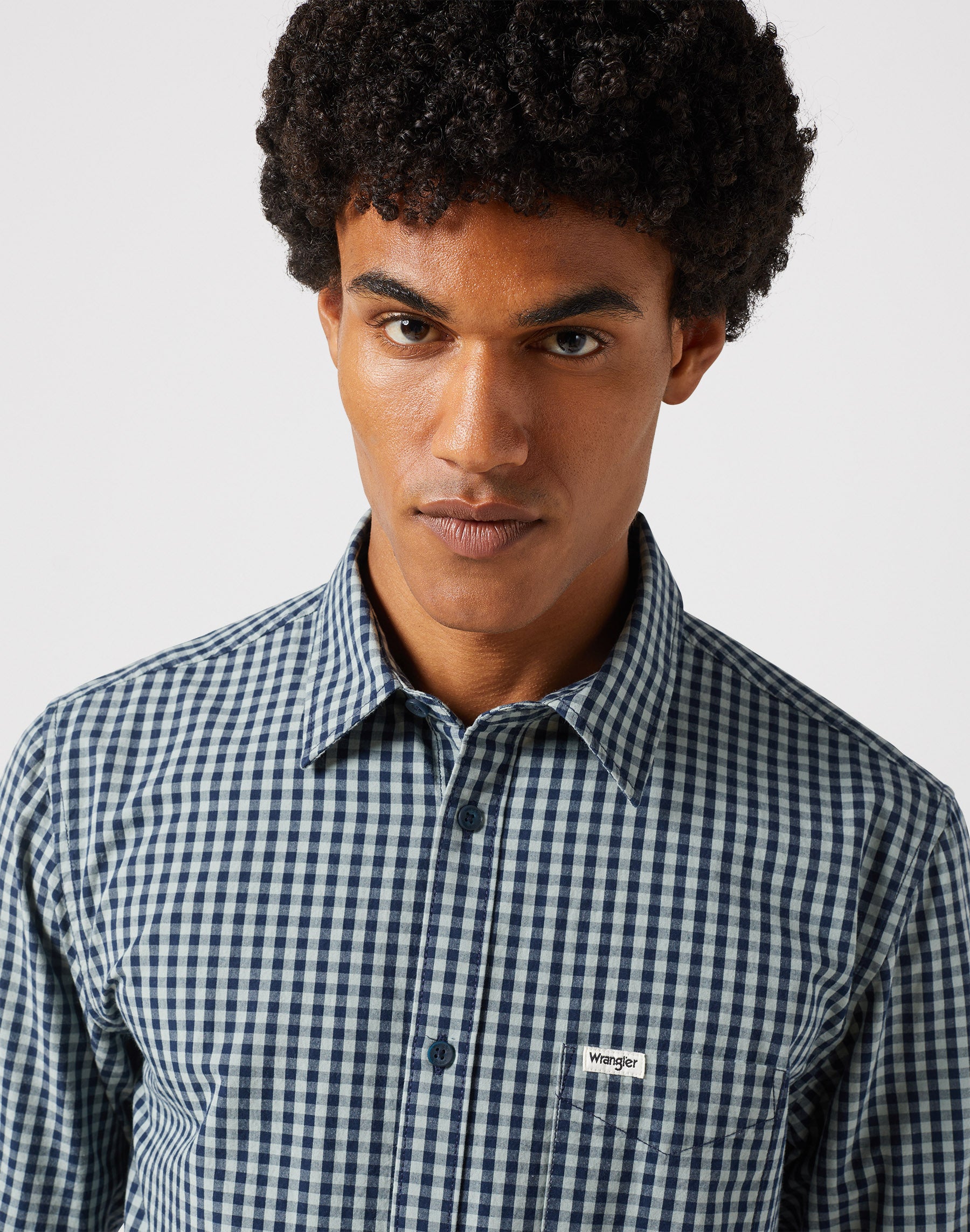 Long Sleeve One Pocket Shirt in Black Iris Gingham Shirts Wrangler   