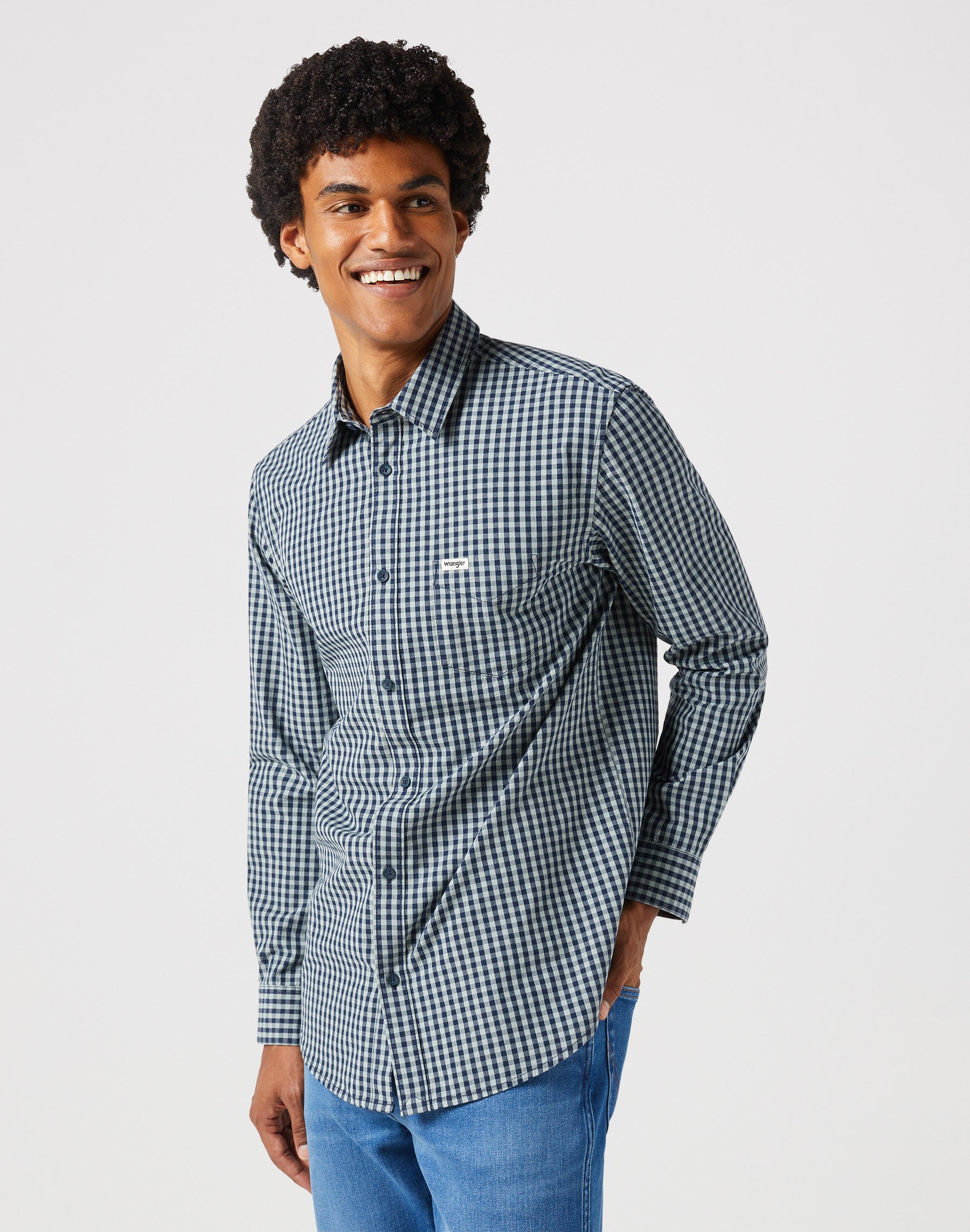 Long Sleeve One Pocket Shirt in Black Iris Gingham Shirts Wrangler   