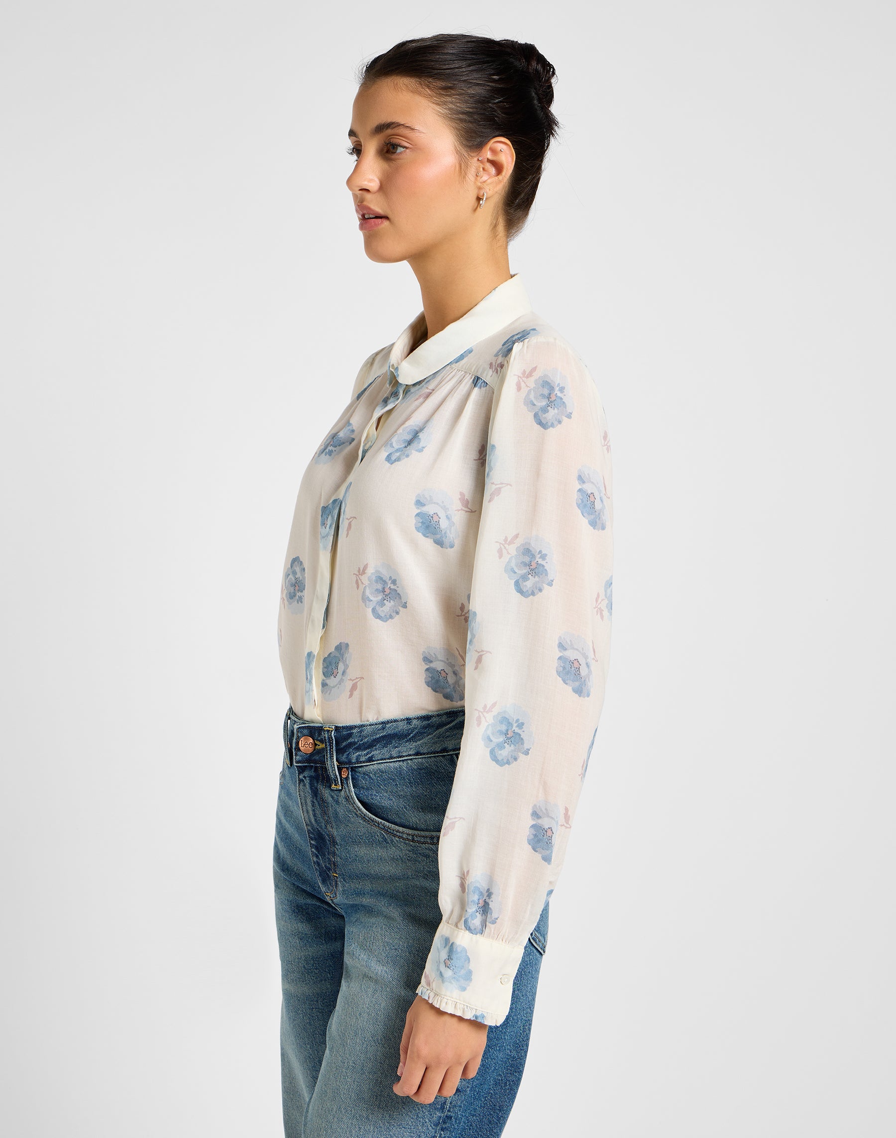 Shirred Blouse in Shy Blue Floral Shirts Lee   