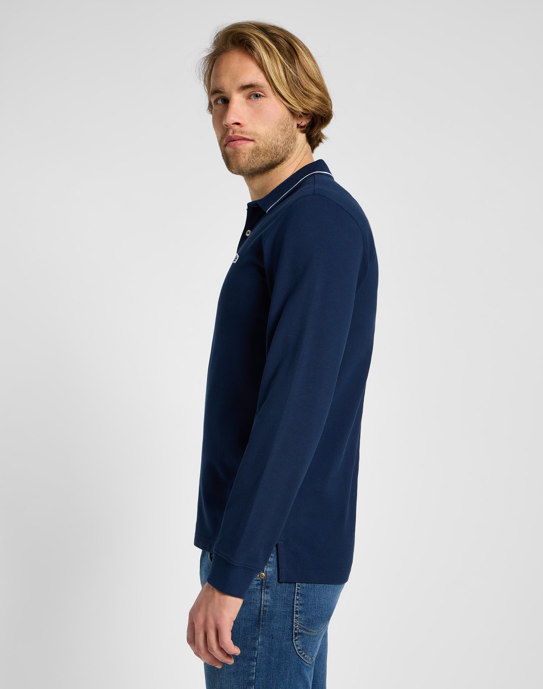 Longsleeves Pique Polo in Mood Indigo Polos Lee   