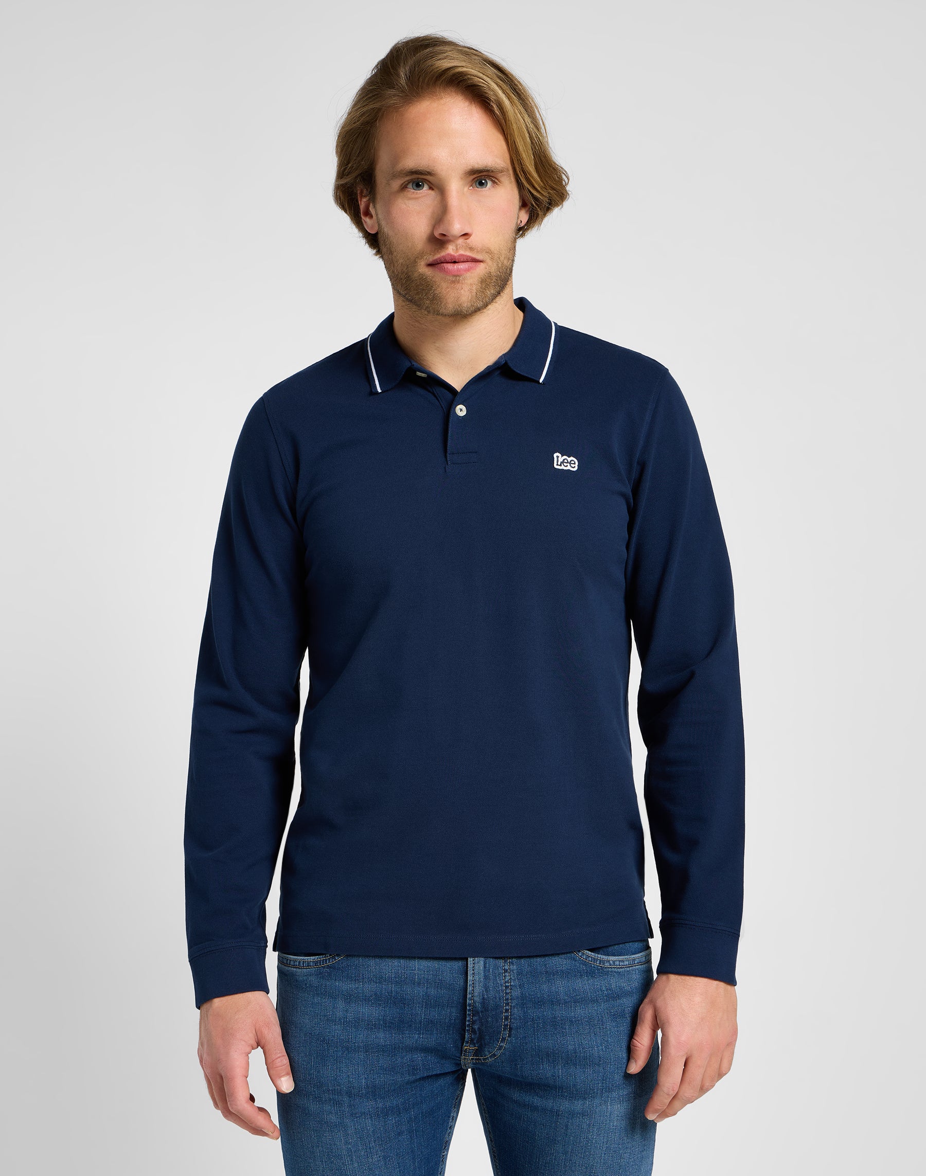 Longsleeves Pique Polo in Mood Indigo Polos Lee   