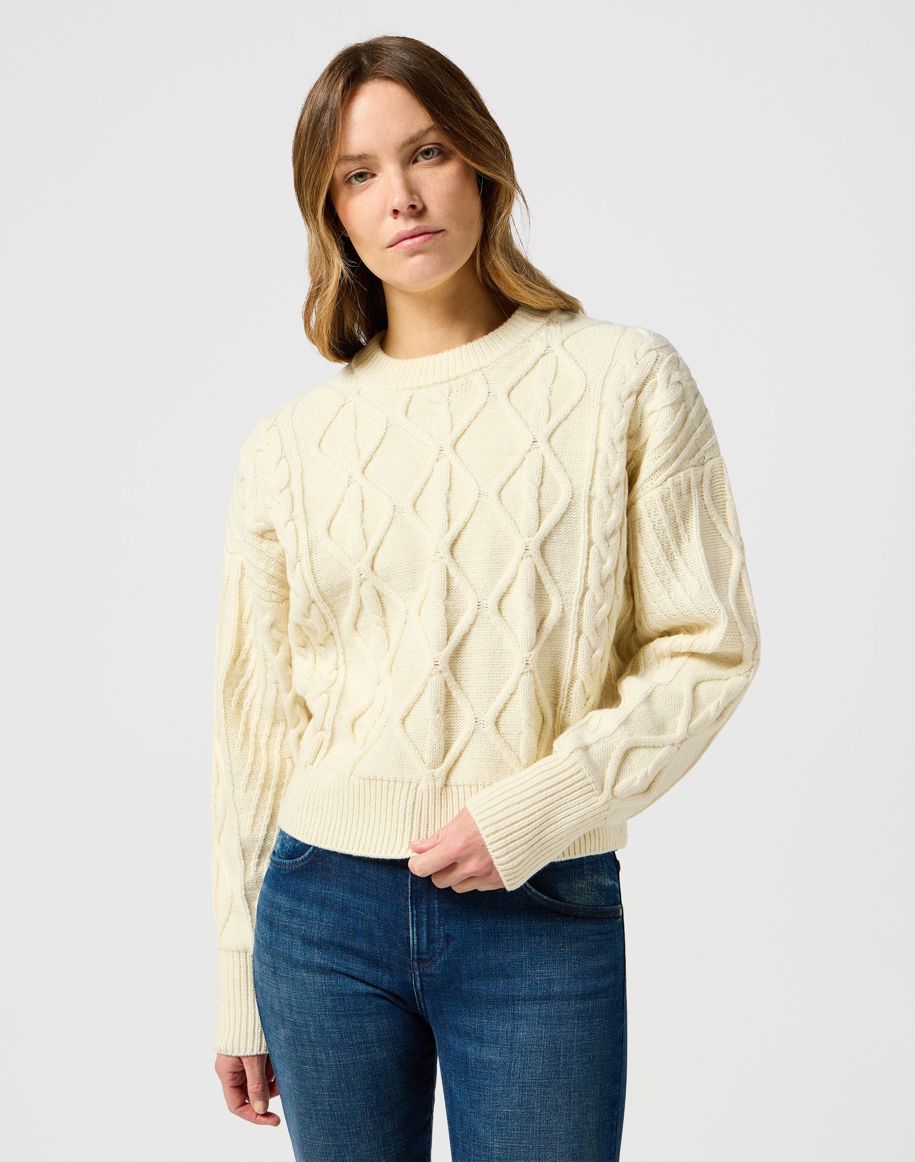 Cable Knit Sweater in Worn White Sweater Wrangler   