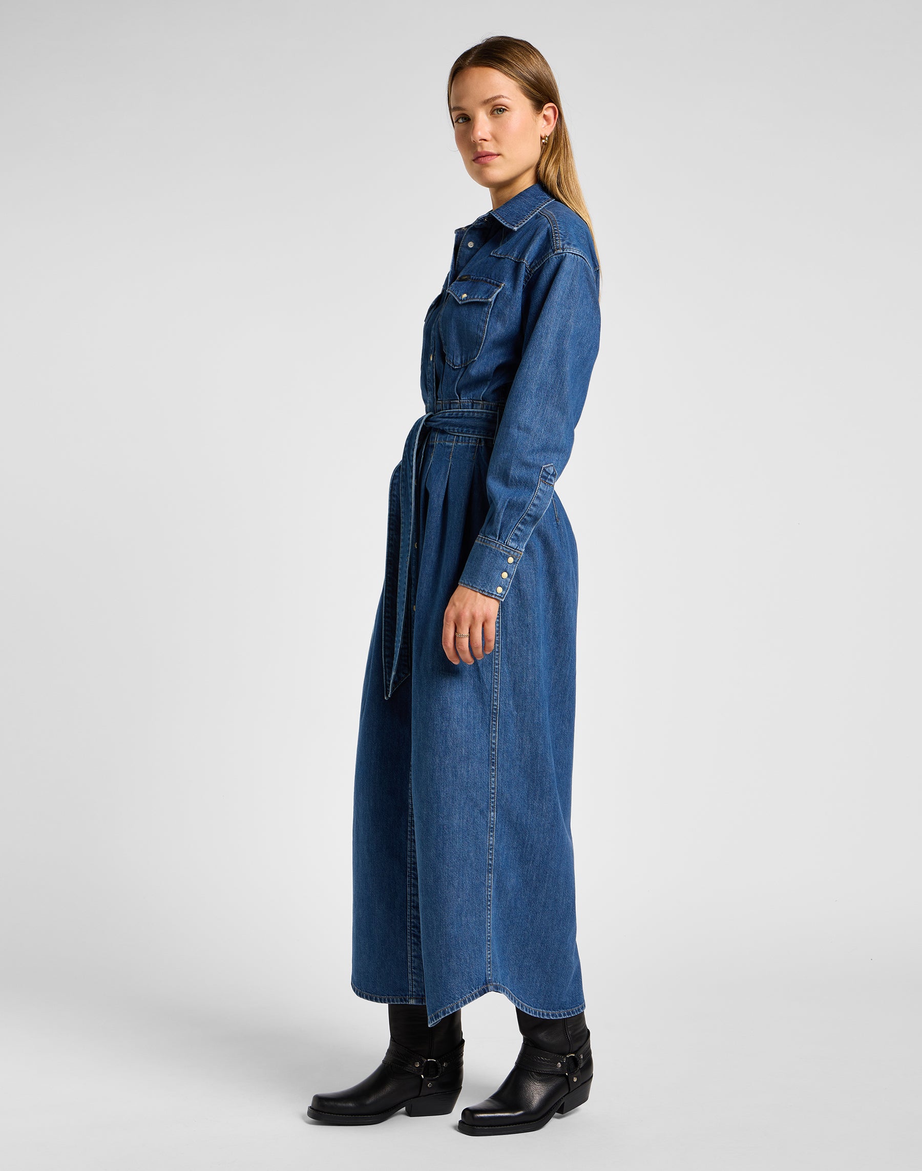 Belted Western Dress in Blue Fusion Dresses Lee   