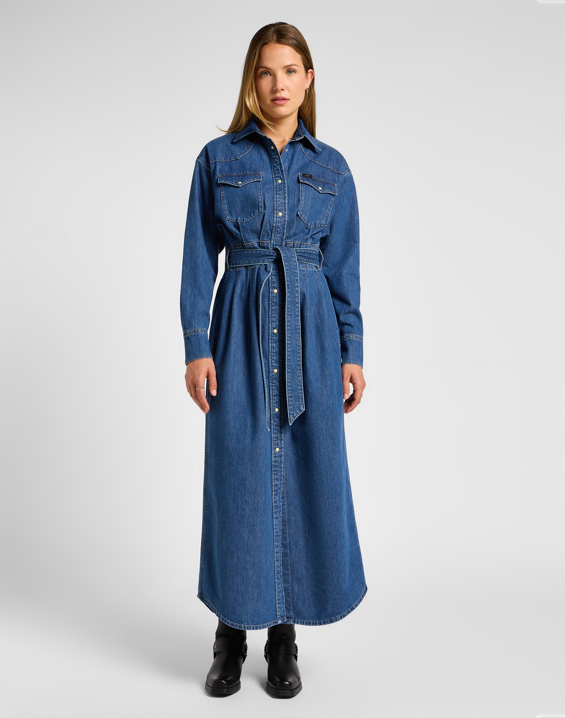 Belted Western Dress in Blue Fusion Dresses Lee   