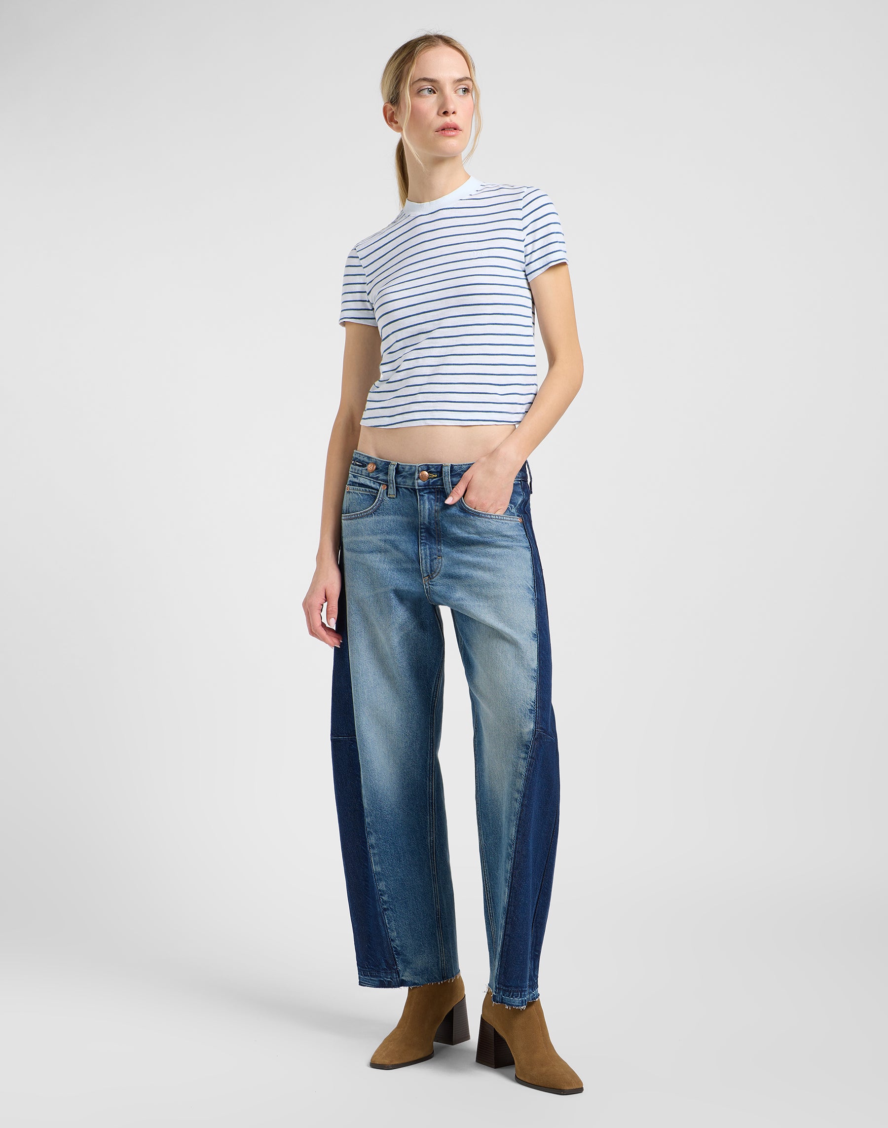 Cropped Tee in White Indigo Stripe T-Shirts Lee