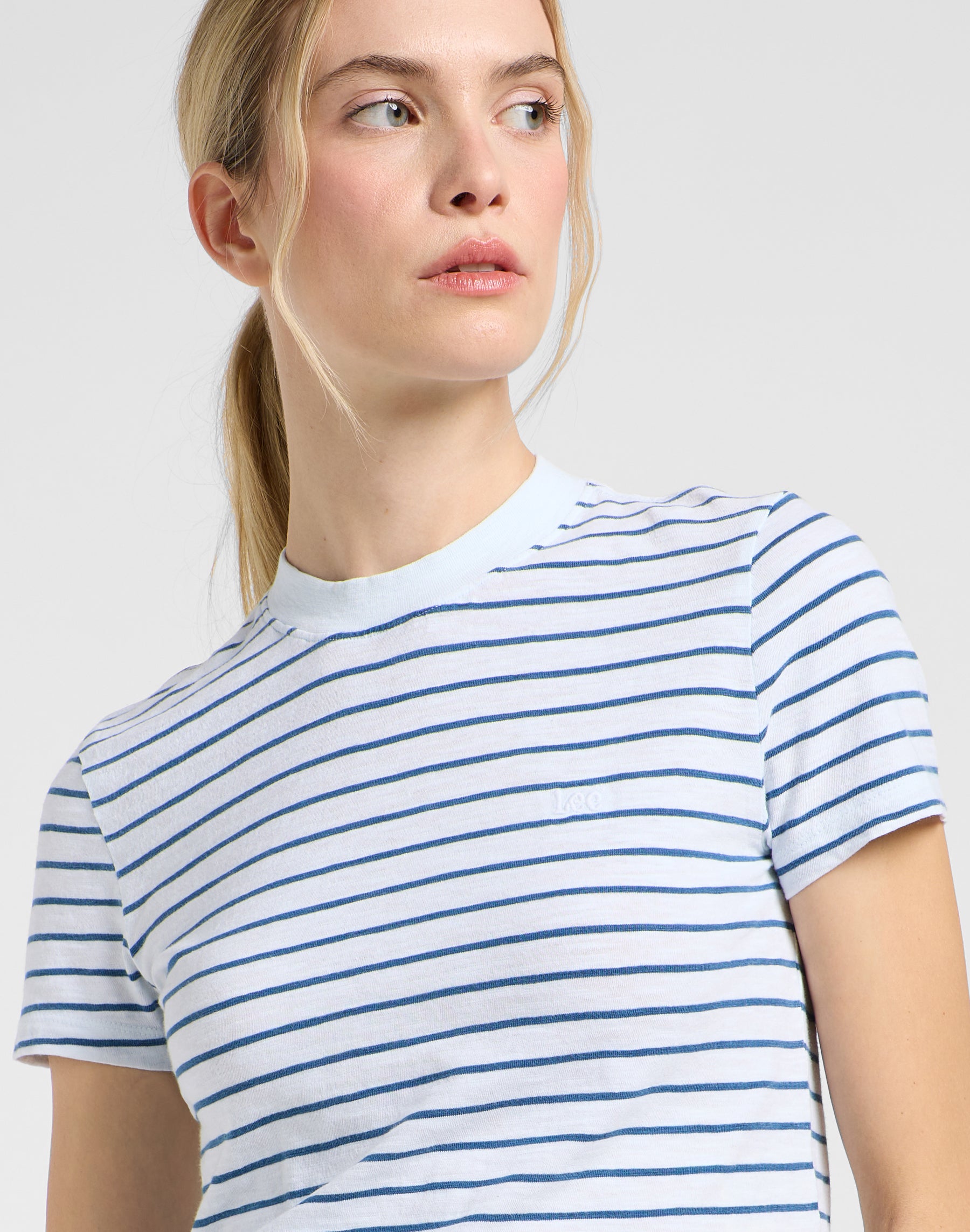 Cropped Tee in White Indigo Stripe T-Shirts Lee