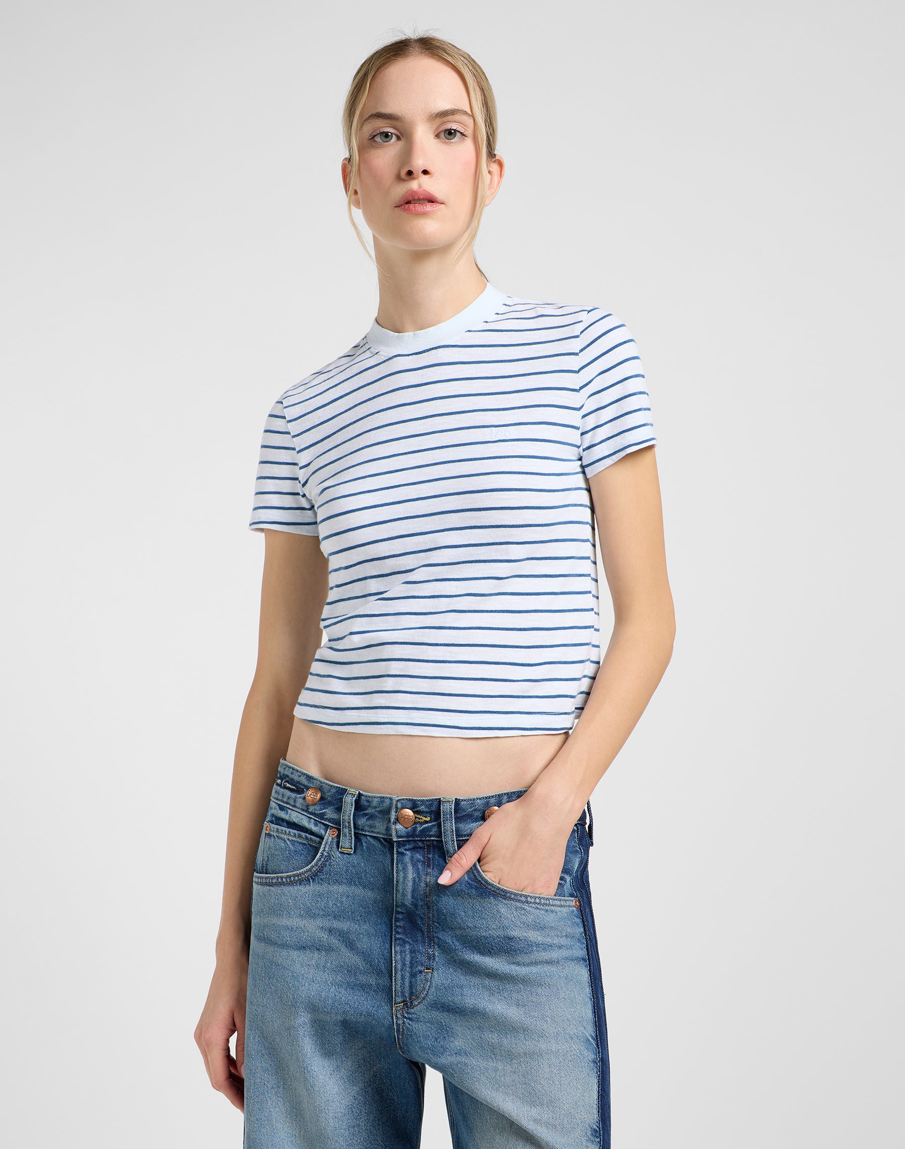 Cropped Tee in White Indigo Stripe T-Shirts Lee