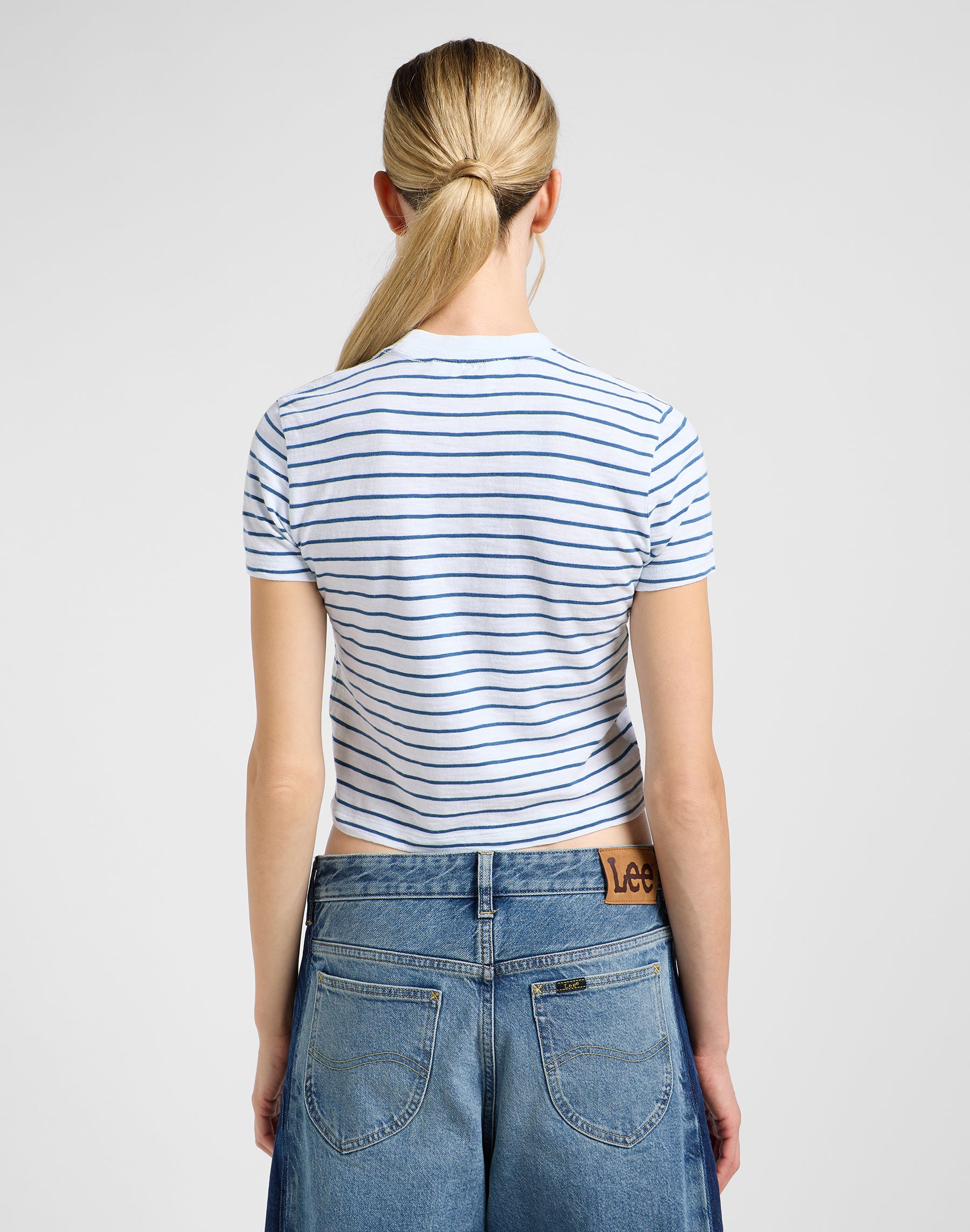 Cropped Tee in White Indigo Stripe T-Shirts Lee